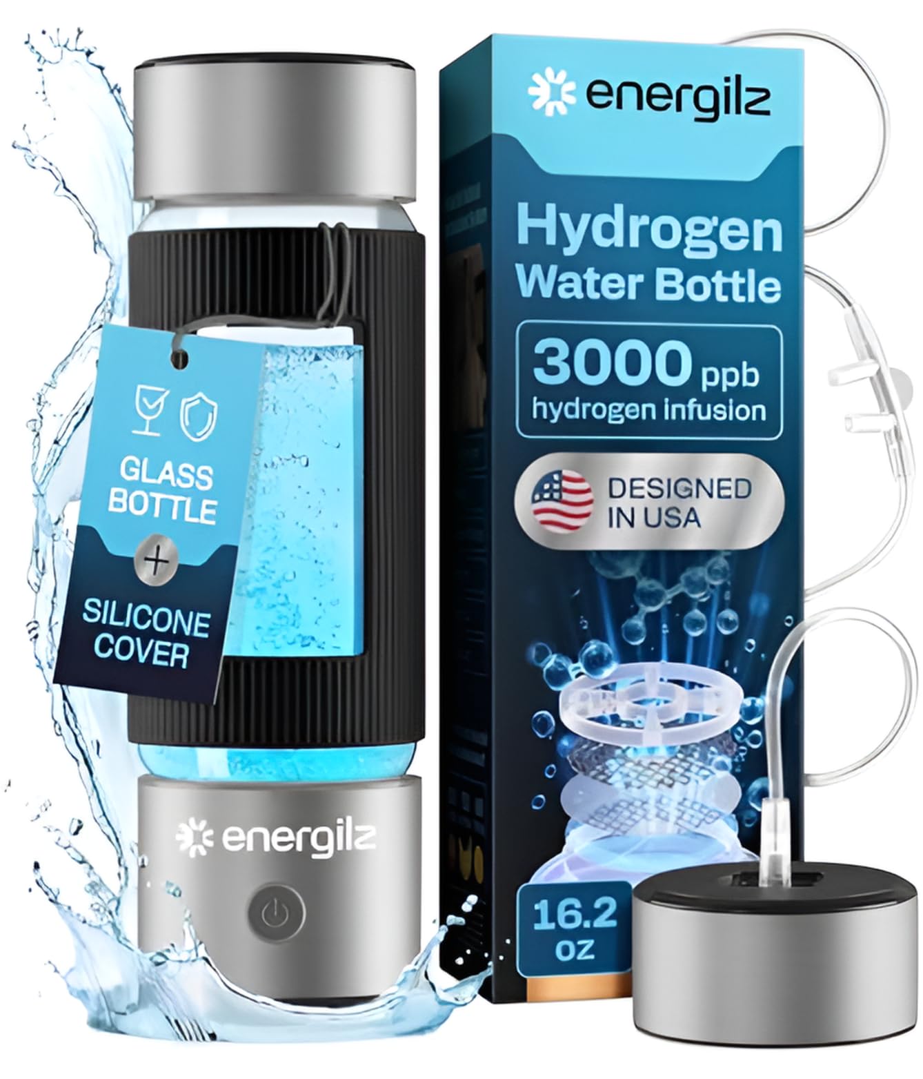 Energilz Hydrogen Water Bottle | Large 16.2 oz (480 ml) Hydrogen Water Bottle Generator 3000ppb | Hydrogenator Machine | SPE/PEM Hydrogenated Ionizer Generator (Steel w/Black)