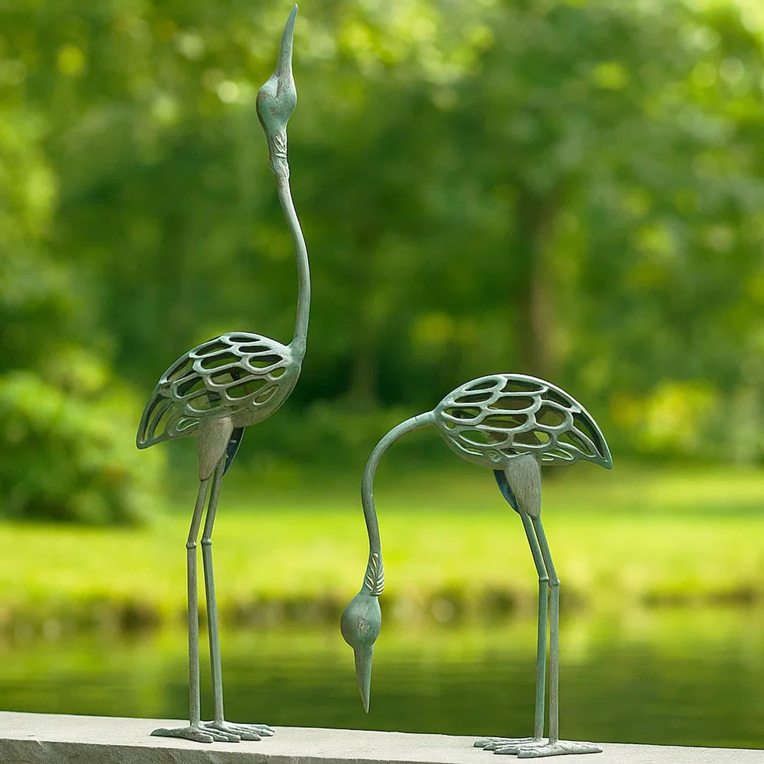 Seraphic Cast Iron Metal Crane/Heron Bird Garden Art Sculptures Statues for Indoor or Outdoor Lawn Decor, Antique Green, Set of 2