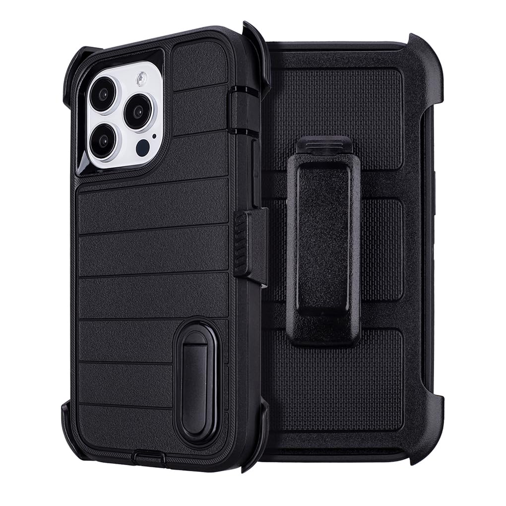 Yowtrey for Phone Case iPhone 13 Pro Max Case Black with Belt Clip Heavy Duty Holster for Shockproof Cases,3 Layers of Sturdy,Military Grade Defender