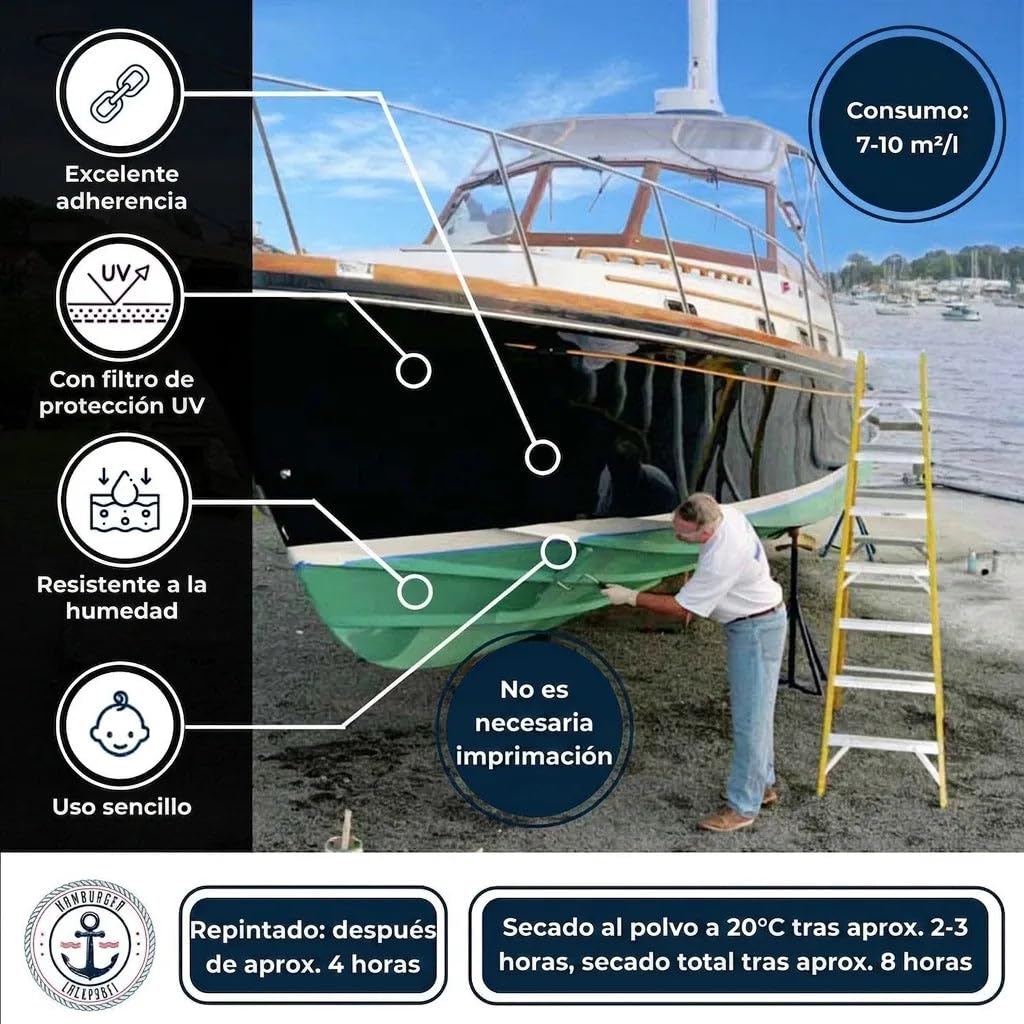 barniz marino Barniz para yates Pintura para barcos Pintura yates reforzado con PU madera y metal, extremadamente resistente y muy elástico Acabado náutico (Verde musgo (RAL 6005), 10 L) FARBENLÖWE