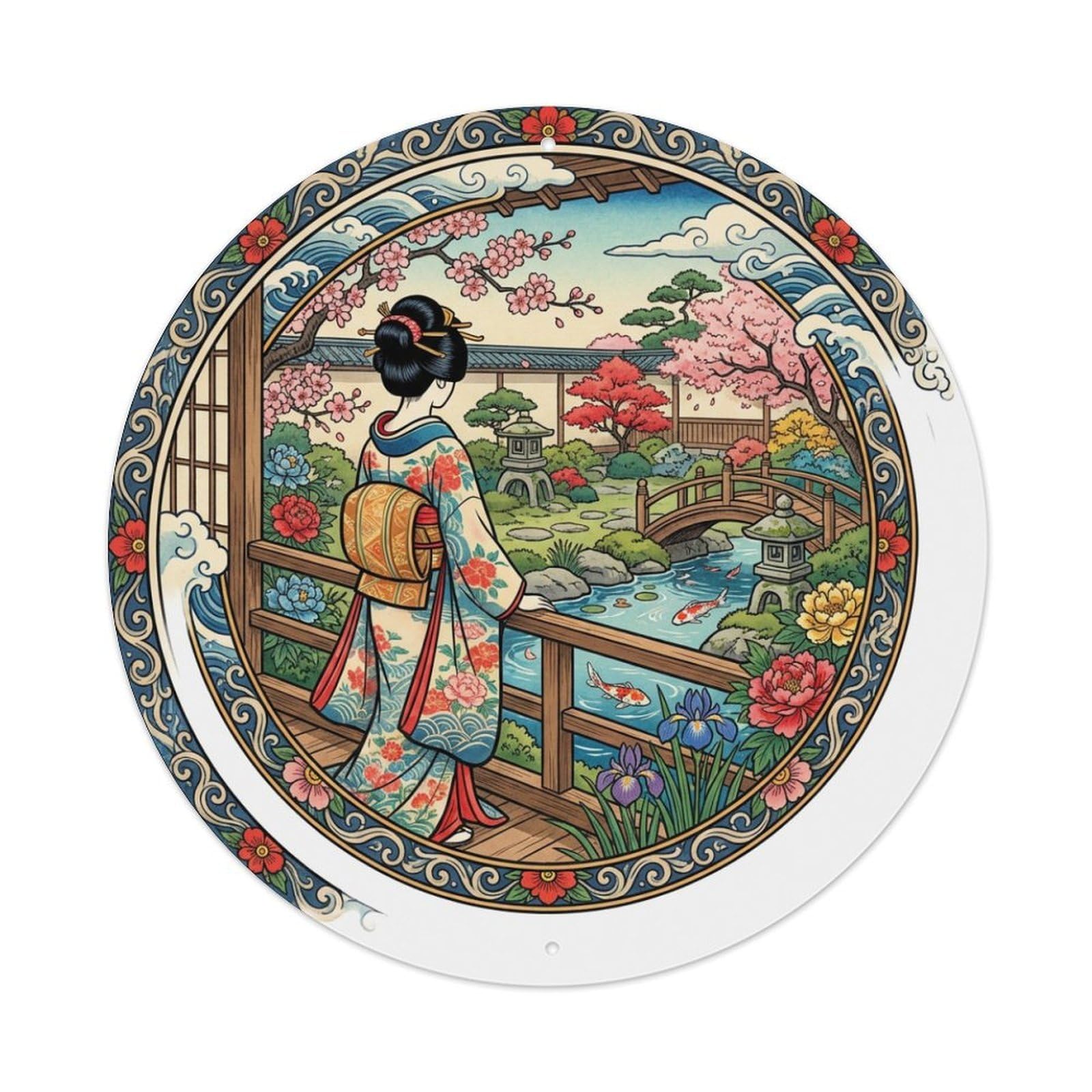 Cwbufd Vintage Style Japanese Courtyard Flowers Geisha Admiring Vintage Metal Tin Sign Plaque Wall Decor For Cafe, Club Bar, Office, Garden Metal Poster 8X8inch