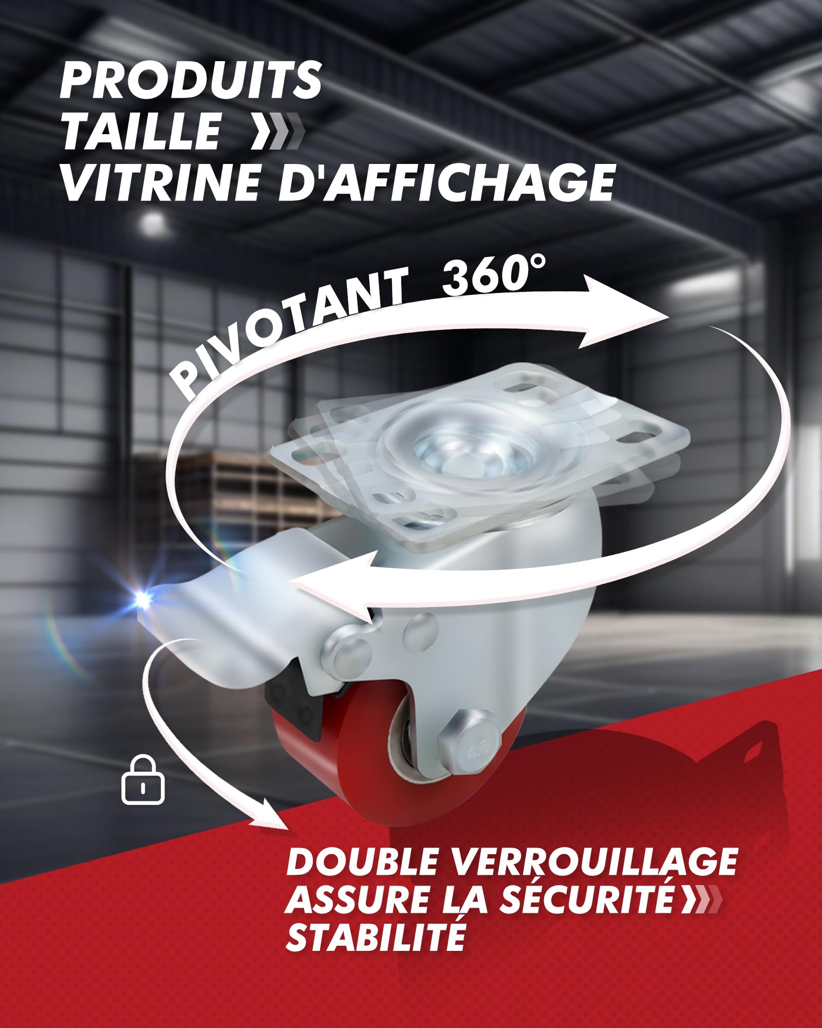 Lot de 4 roulettes industrielles de 50 mm, 1000 kg, silencieuses, plaque en polyuréthane, roulettes pivotantes avec frein, étrier en acier pour transport d’usine et tramway