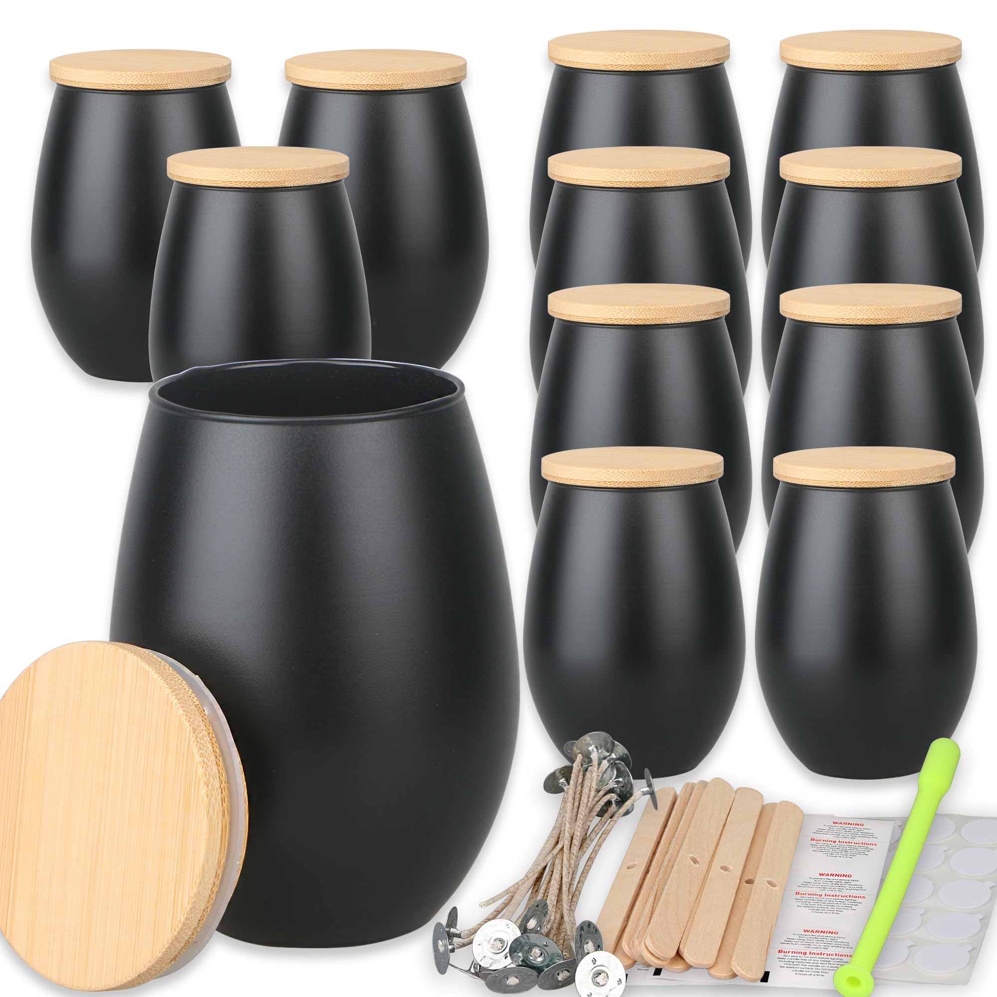 MILIVIXAY 12 Pack 14oz Candle Jars with Bamboo Lids and Candle Making Kits - Matte Black Candle Jars,Bulk Empty Oval Design Design Glass Candle Jars for Making Large Candles- Spice, Powder Containers.