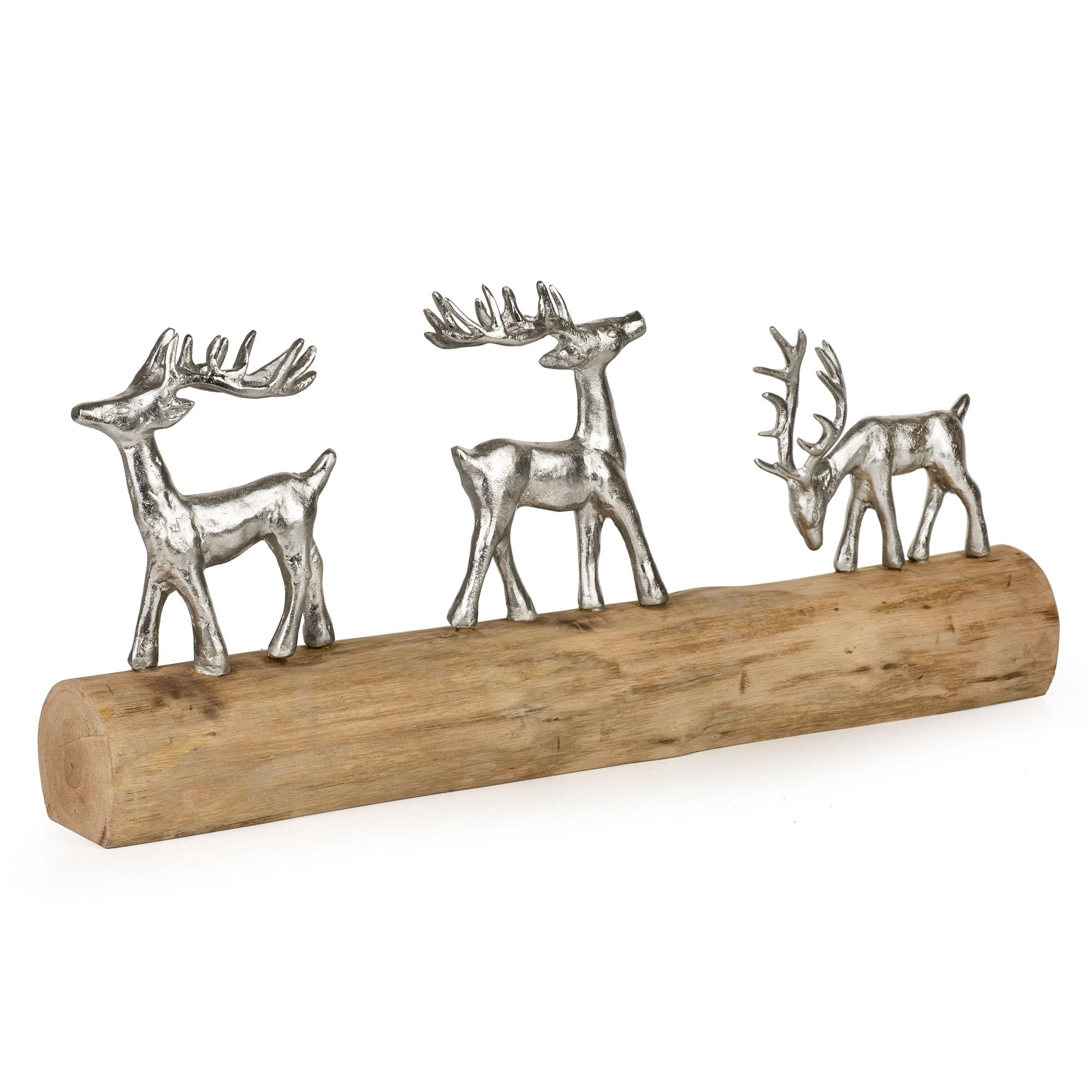 Moritz Weihnachtsdeko Rentiere auf Holzstamm 57 cm handgefertigte Figur aus Aluminium und Mangoholz mit DREI silbernen Hirschen winterliche Dekoration für Fensterbank, Kamin oder Kommode