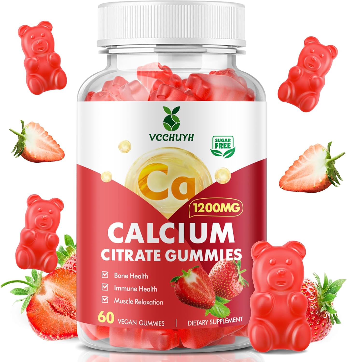 Calcium Citrate Gummies 1200mg, Chewable Calcium Supplements for Women & Men, Sugar Free Calcium Gummies for Bone, Muscle & Immune Support, Strawberry Flavor 60 Count