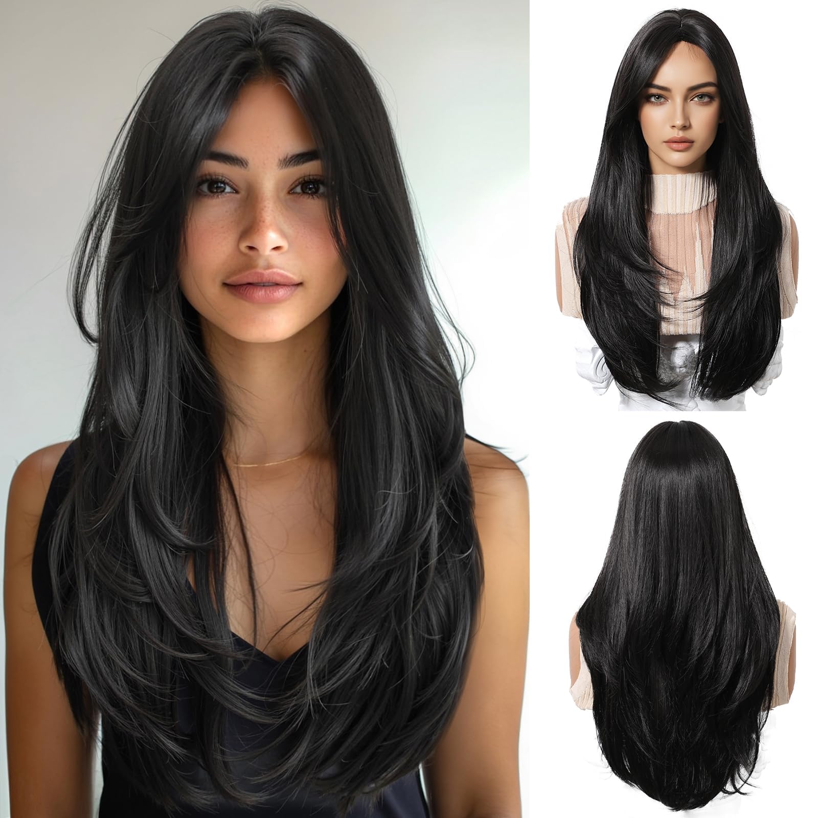 Black Real Hair Wigs for Women Long with Bangs Natural Straight Wigs Human Hair Heat Resistant for Daily Party Cosplay Wear
