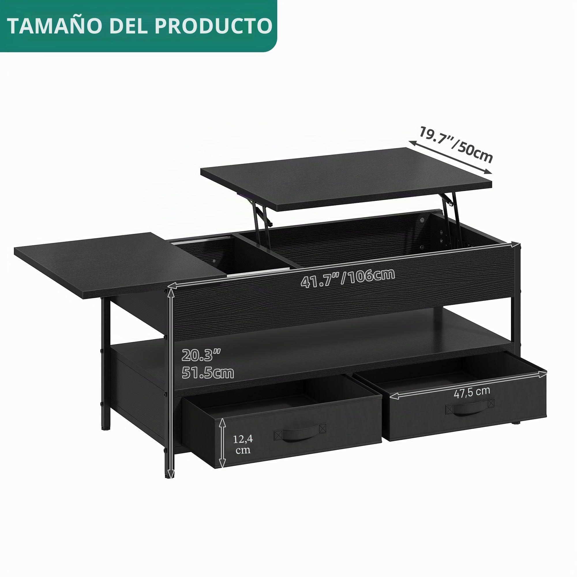 YITAHOME Mesa de Centro Elevable, Mesita de Salón de Madera con Estante de Almacenamiento, Mesa Cafe con 2 Cajón y Tira de luz LED de 16 Colores, Negro, 106 x 50 x 51,5 cm