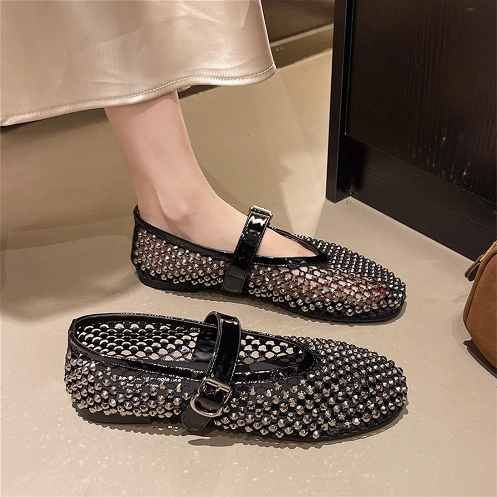 Ballerine a Rete con Strass di Cristallo, Scarpe da Donna Rivetti e, Estate, Taglia Comoda 40 per Donna