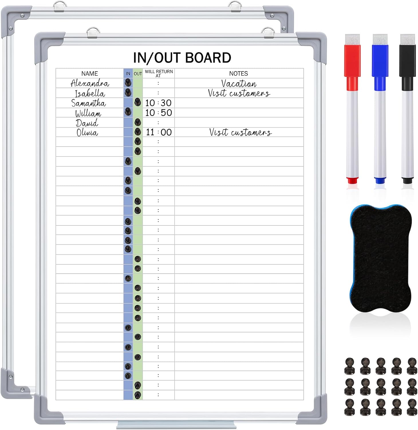 Lincia in and Out Magnetic Dry-Erase Board 24" x 18" Aluminum Framed White Board with Lines 33 Names with Magnetic Dry-Erase Marker, Eraser, and 35 Magnets Wall-Mounted for Office Employee
