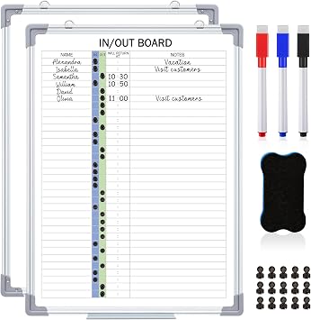 Lincia in and Out Magnetic Dry-Erase Board 24" x 18" Aluminum Framed White Board with Lines 33 Names with Magnetic Dry-Erase Marker, Eraser, and 35 Magnets Wall-Mounted for Office Employee