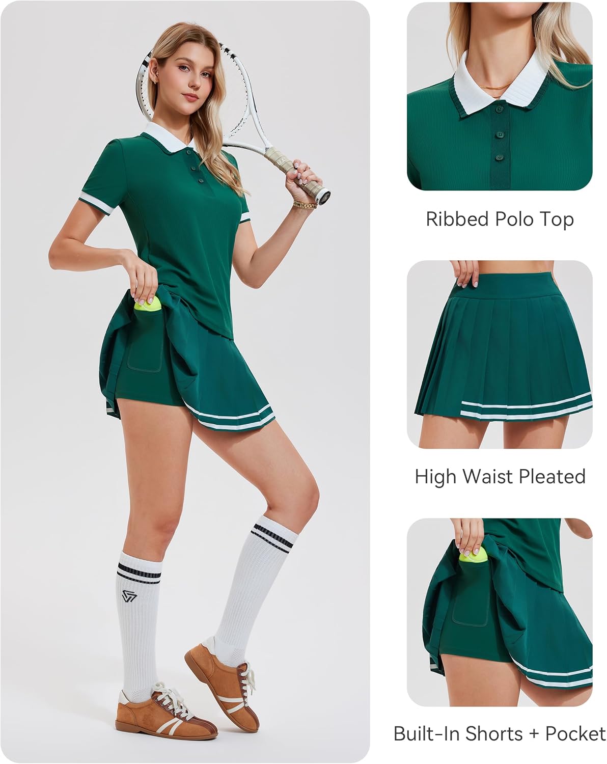 Mudere Womens 2 Piece Tennis Skirt Set, Ribbed Polo Top High Waisted Pleated Skort with Shorts, Golf Pickleball Outfit