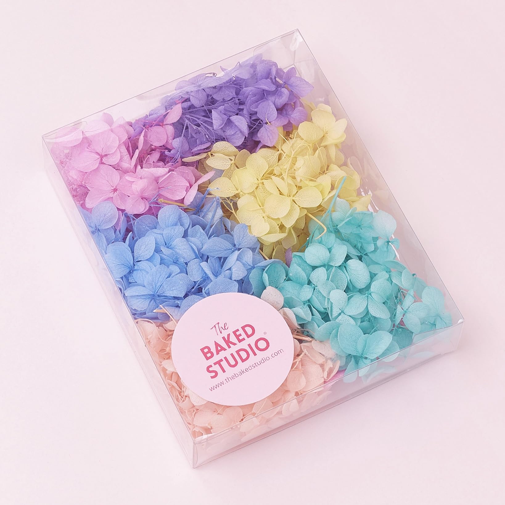 The Baked Studio - Original Dried Flower Hydrangea Set For Cake & Cupcake Decorating - Purple, Lemon, Pink, Blue, Peach, Turquiose (Rainbow Pastel) — image 1