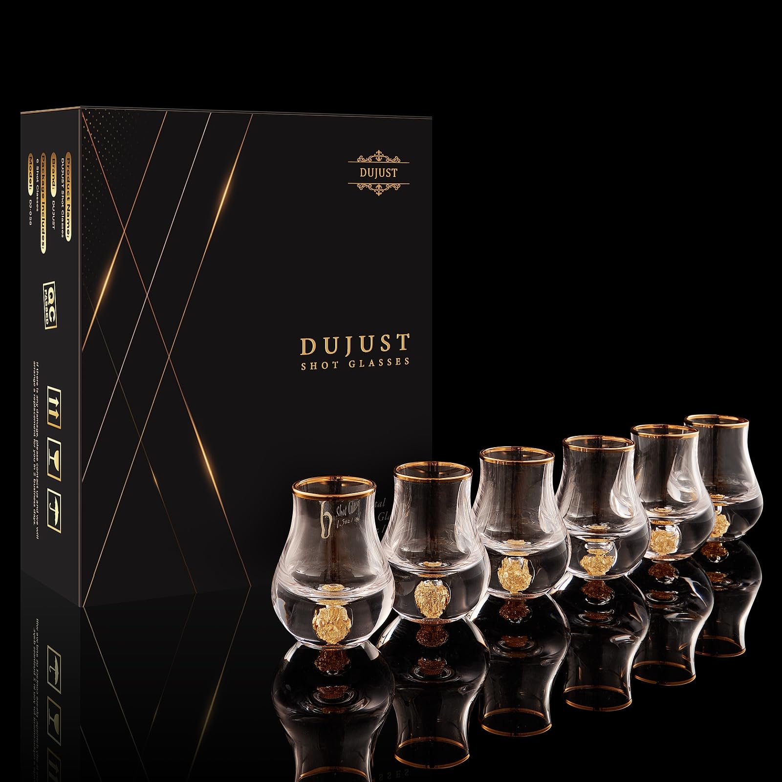 DUJUST Elegantes Geschwungenes Schnapsgläser (4.5 cl), Kristall-Schnapsglas-Set, verziert mit 24-karätigen Goldblattflocken, BPA-frei und bleifrei, perfekt für Dekoration – 6 pcs