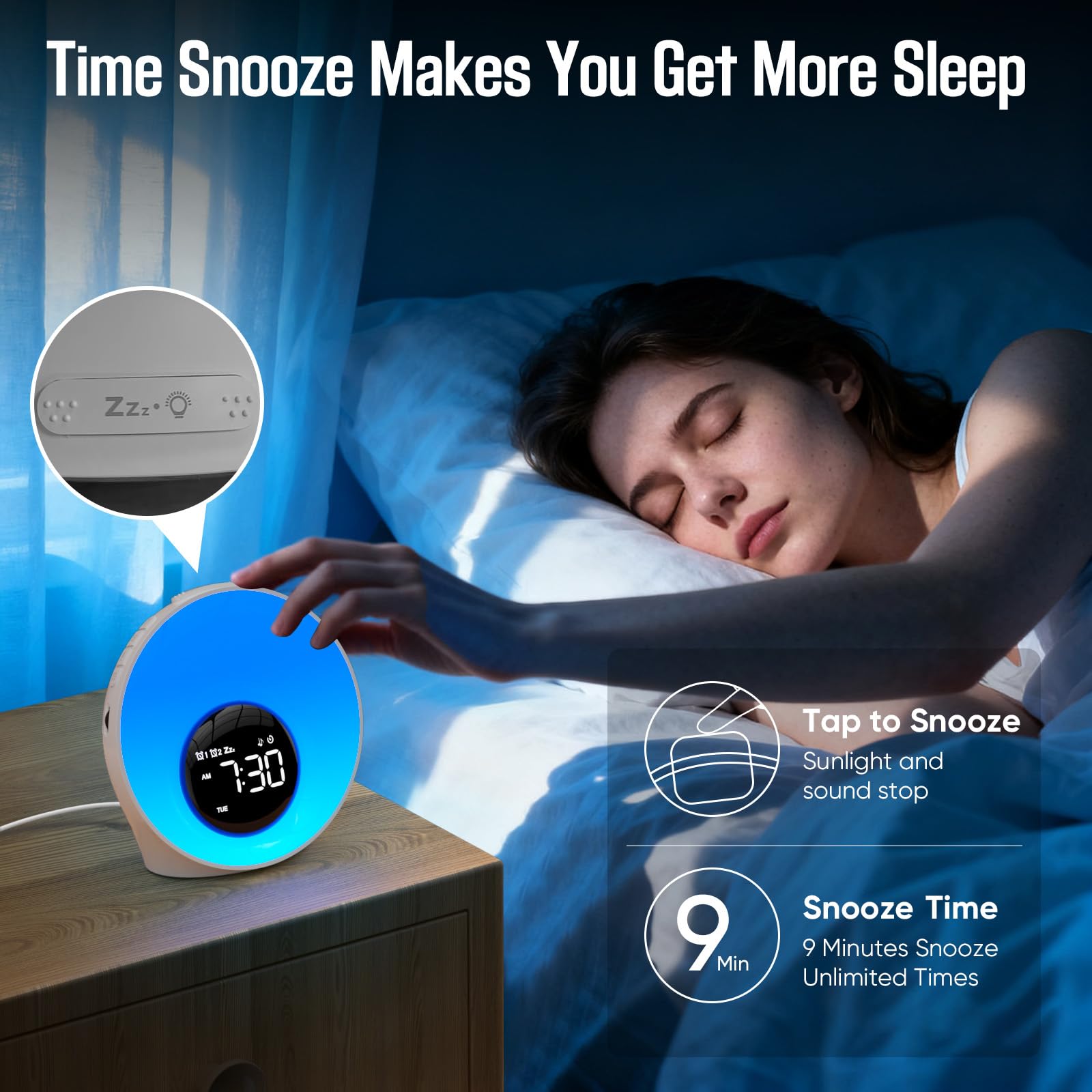 Réveil Lumineux Simulateur d'Aube, Lampe de Chevet avec 30 Sons, Snooze, Minuteur, Veilleuse pour Enfant/Adulte