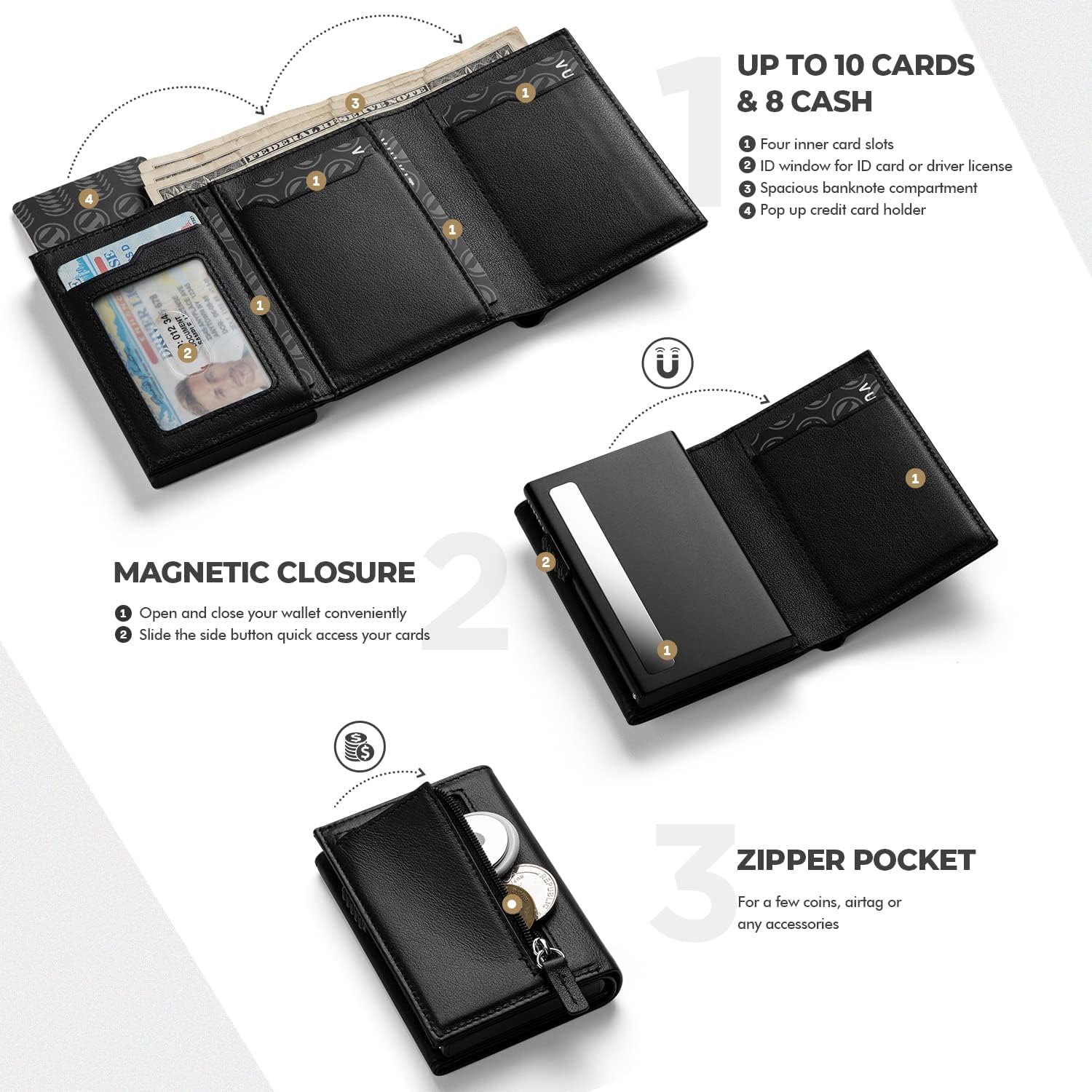 VULKIT Card Holder Wallet with Coin Pocket Magnetic Closure Pop Up Cards With ID Window Leather Wallet for Cash & Credit Cards | with Coin Pocket, Magnetic Closure, Pop Up Cards, With ID Window - Image 2