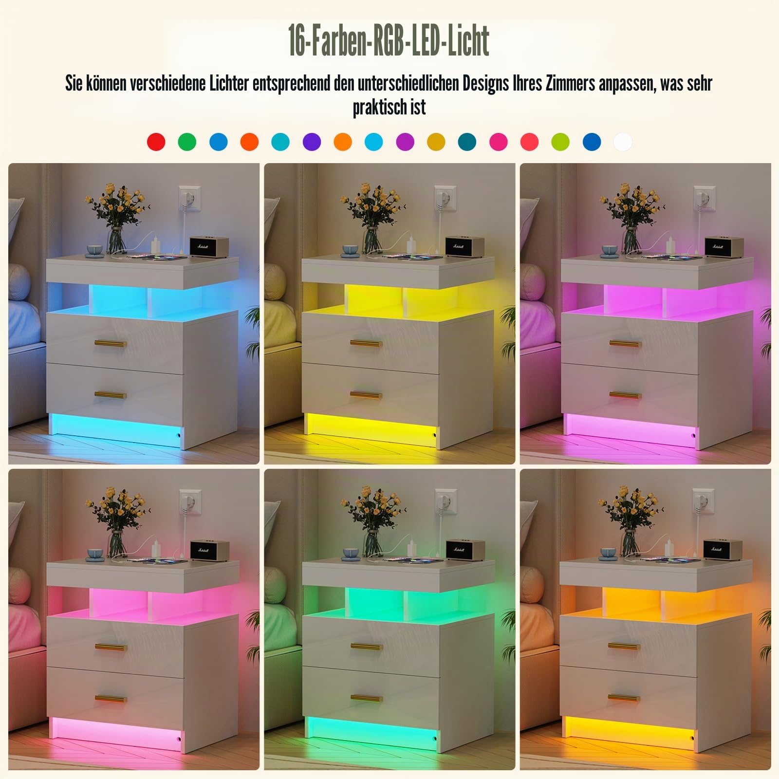 Nachttisch LED mit Steckdose(2 AC-Steckdosen & 2 USB-Anschlüsse), Nachtkommode mit 2 Schubladen und 2 in 1 Led, Moderner Nachtkästchen für Wohnzimmer, 50x40x58cm, Weiß