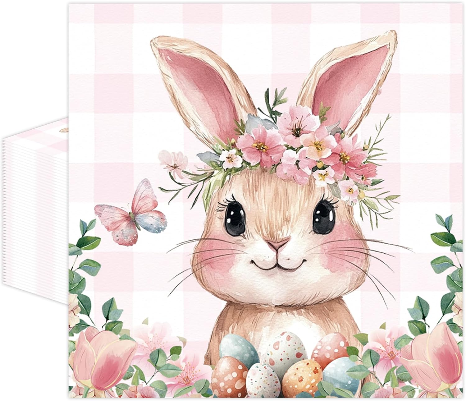 50 Pcs Easter Paper Napkins 13 x 13 Inches, Disposable Luncheon Dinner Party Napkins Pink Bunny Floral Theme for Spring Holiday Party Decorations (Easter)