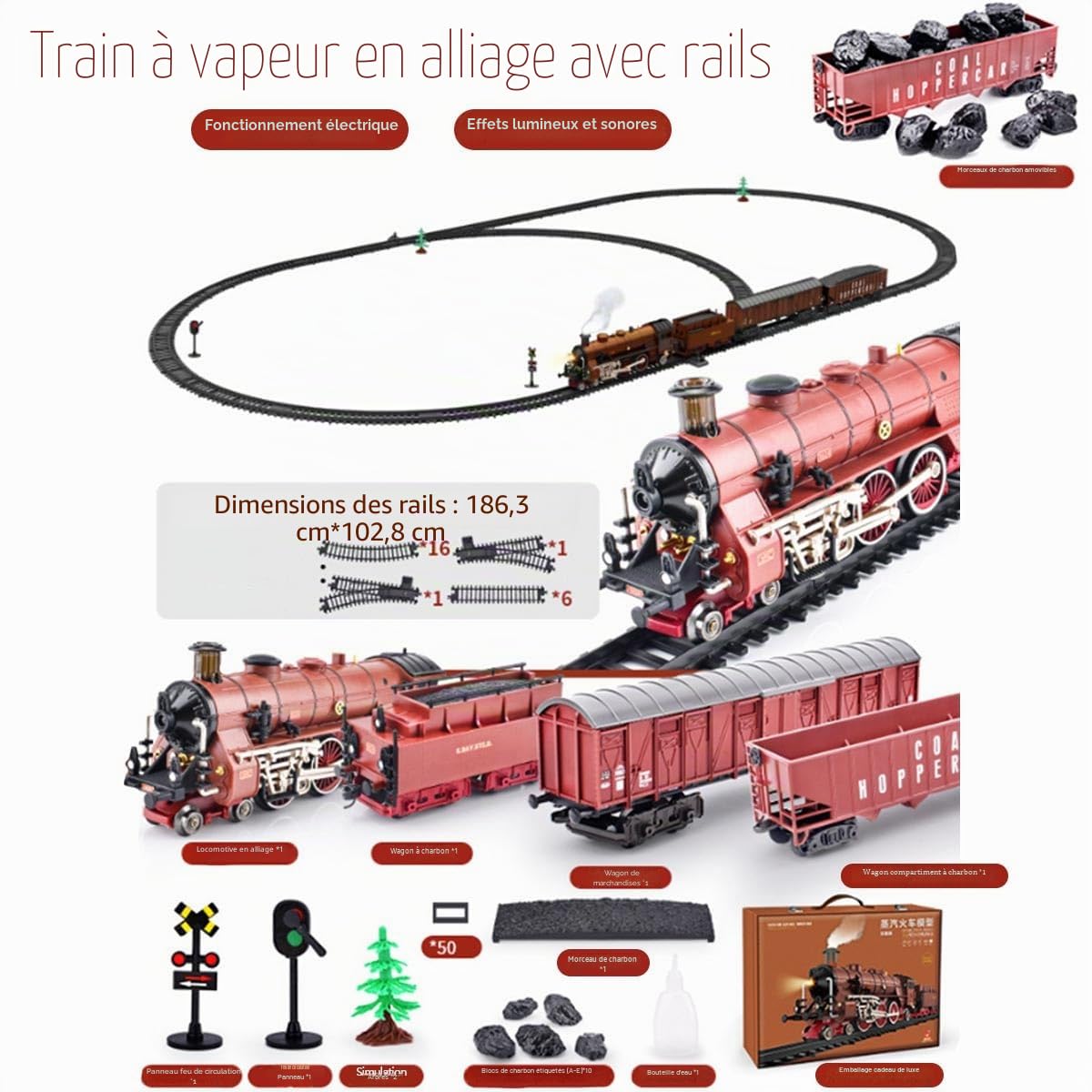 Kit de train électrique en alliage, modèle de locomotive en métal avec chariot et longue voie (modèle 22918/rouge)