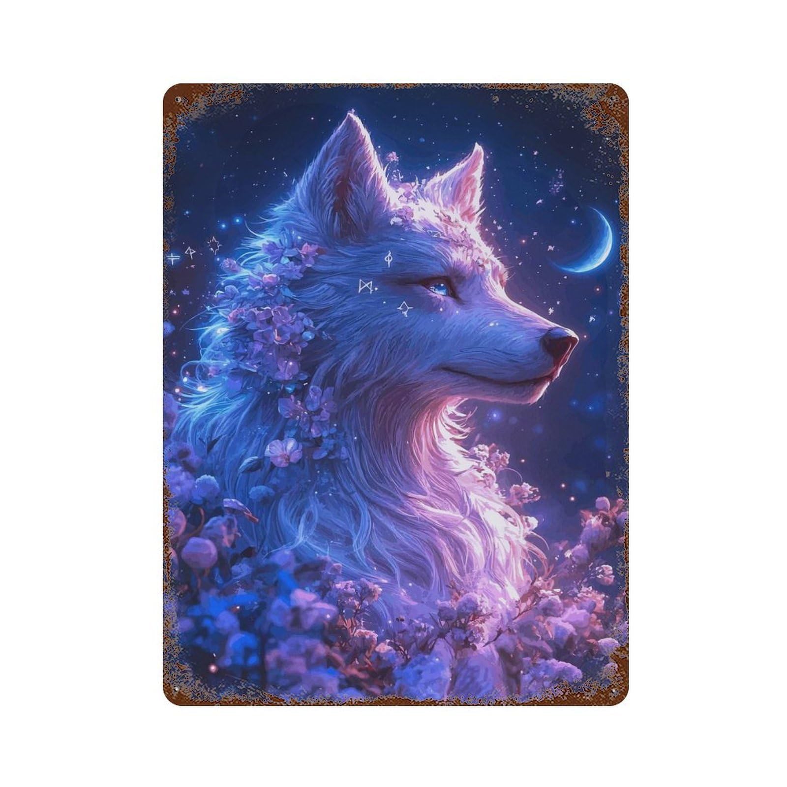 Mystical Wolf with Flowers Vintage Metal Tin Sign 15.7"x11.8", for Cafe, Home Bar And Lounge Decor, Vintage Wall Decor