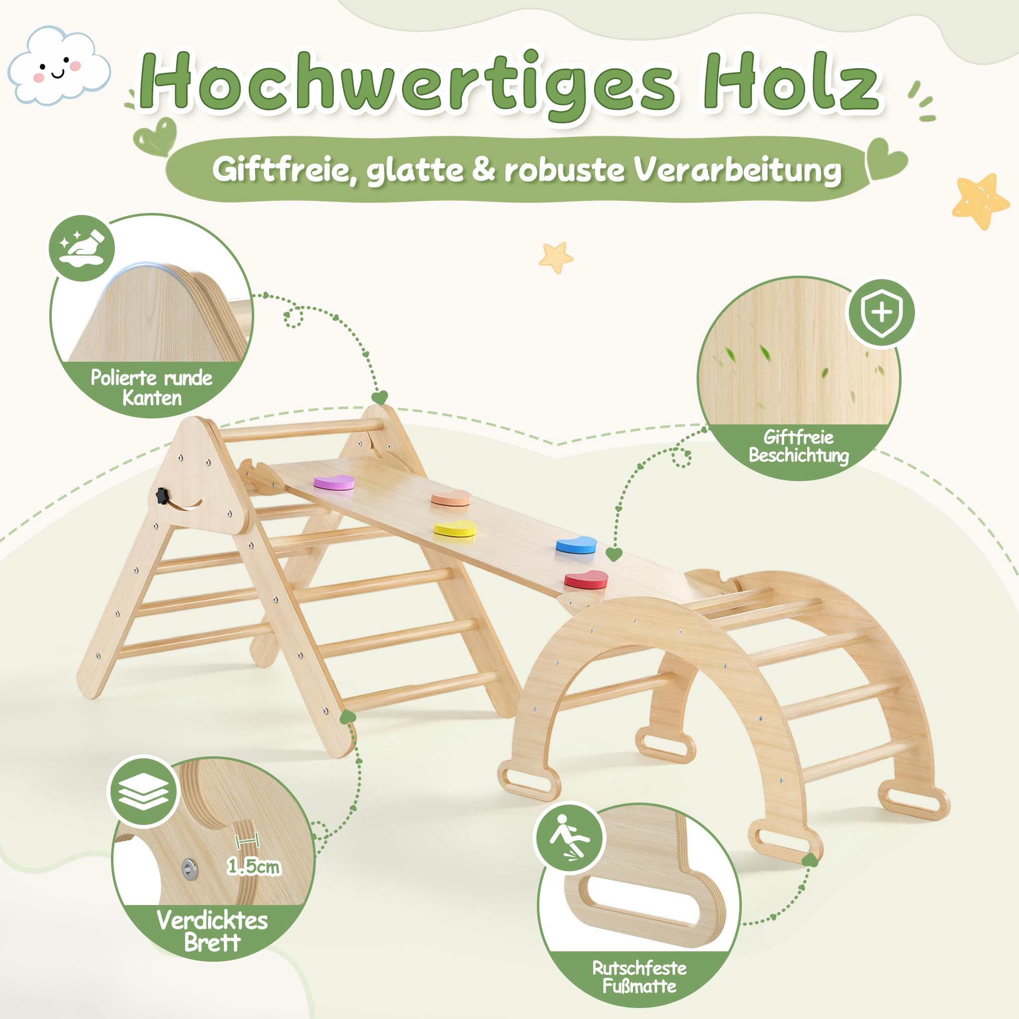 XMTECH Kletterdreieck mit Kletterbogen & Rutsche – 4 in 1 Holz Klettergerüst Indoor, Kletterspielzeug für Kleinkinder 1-3 Jahre, belastbar bis 40 kg, inkl. Kletterbrett & Motorik-Spielgerät