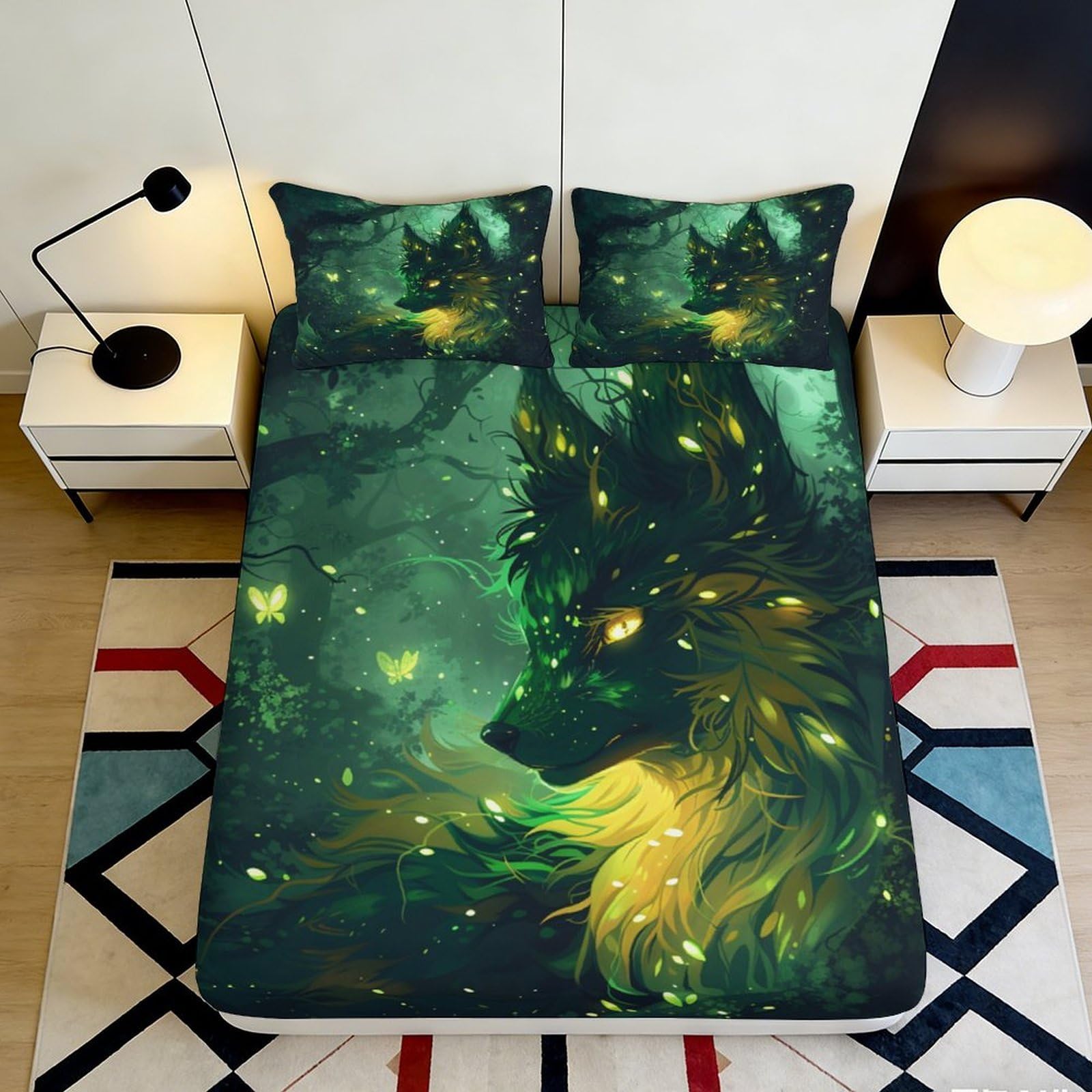 3D Printed Forest Wolf Fitted Sheet Microfiber Soft Breathable Mystical Creature Bed Cover for Bedroom Dormitory Guest Room Mattress Protection Decor 120x200x25cm