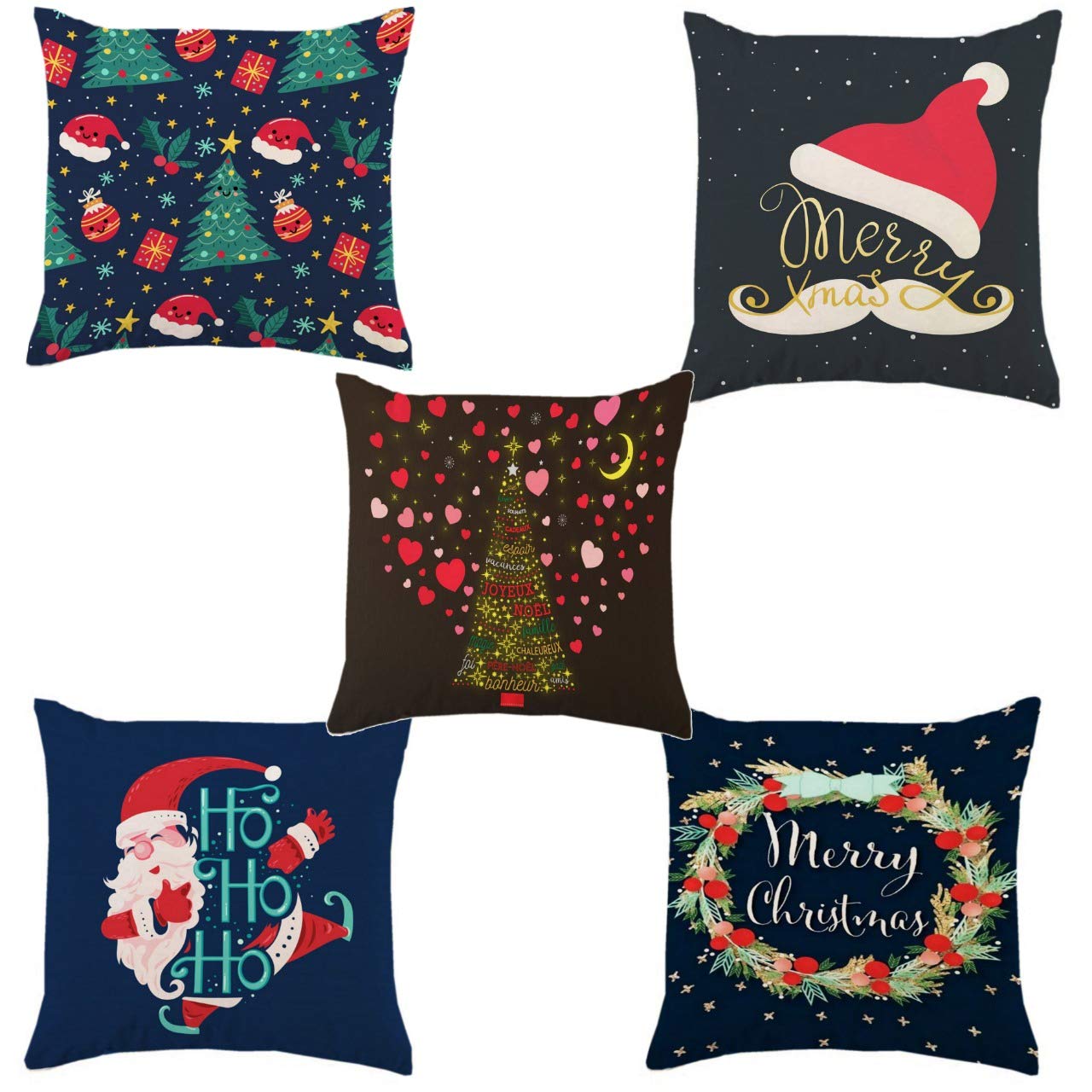 YUKU Decorative Sofa Square Cushion Cover Set (16" x 16" OR 40cm x 40cm) Set of 5 (Black-Christmas)
