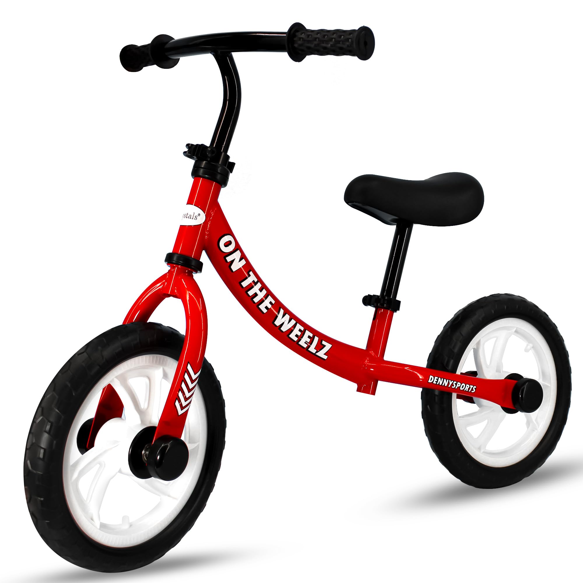 Crystals 12" Kids Balance Bike – Lightweight No Pedal Training Bicycle for 2-6 Year Old Boys & Girls – Adjustable Seat & Handlebar – Toddler Walking & Running Bike – EVA Tyres (On the Weelz, RED)