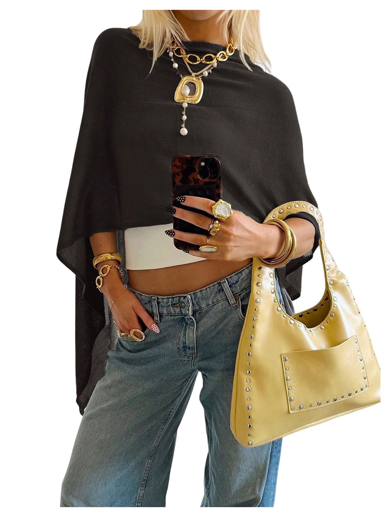 Womens Y2k Poncho Top Asymmetrical Dolman Sleeve Poncho Sweater Knitted Pullover Shrug