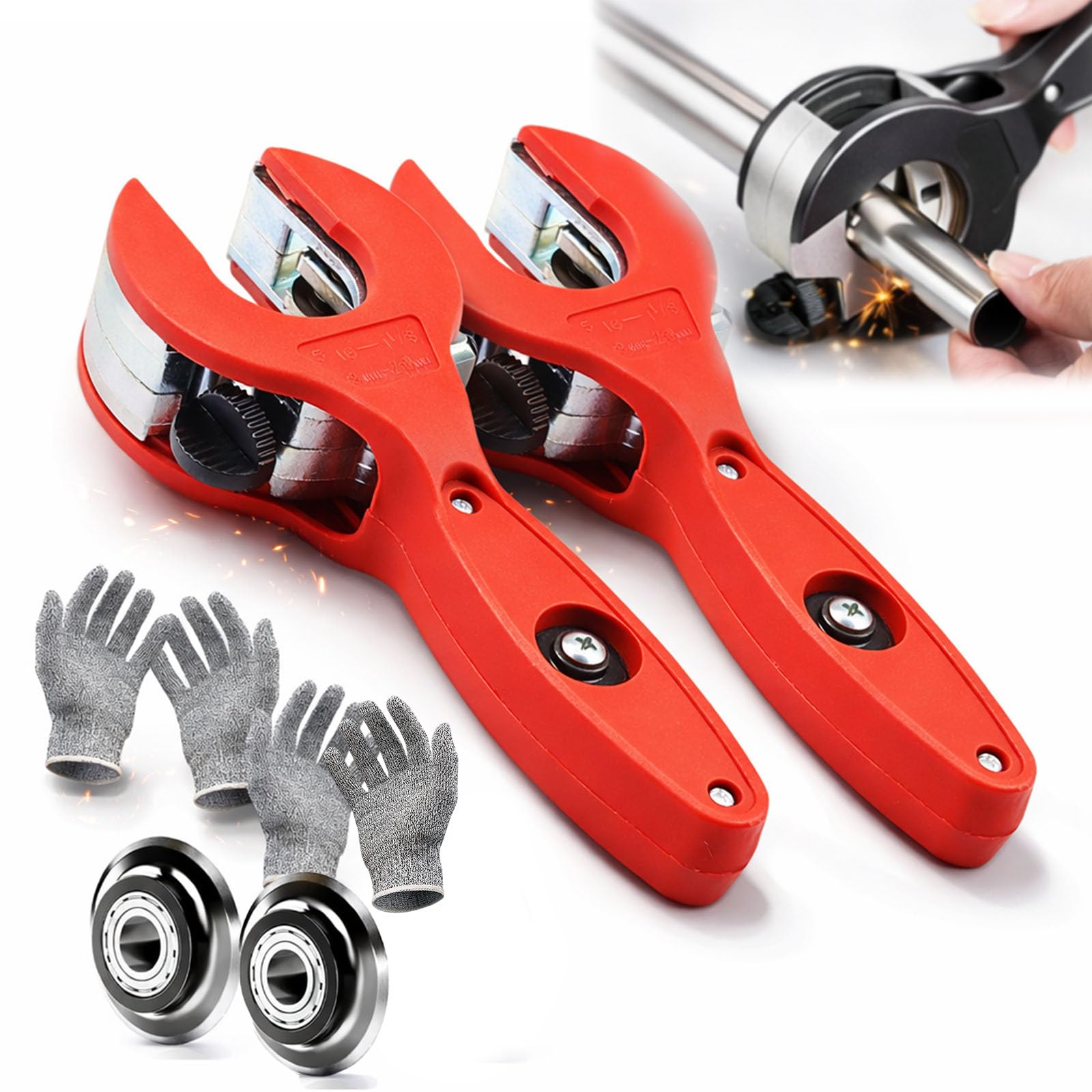 Ratchet-type Pipe Cutter, One-hand Fast Pipe Cutting Tool, for Cutting 5/16-1-1/8 inch Stainless Steel Copper Aluminium PVC, Compact Ratcheting Tubing Cutter for Plumbing, HVAC (2PCS Red,6-23mm)