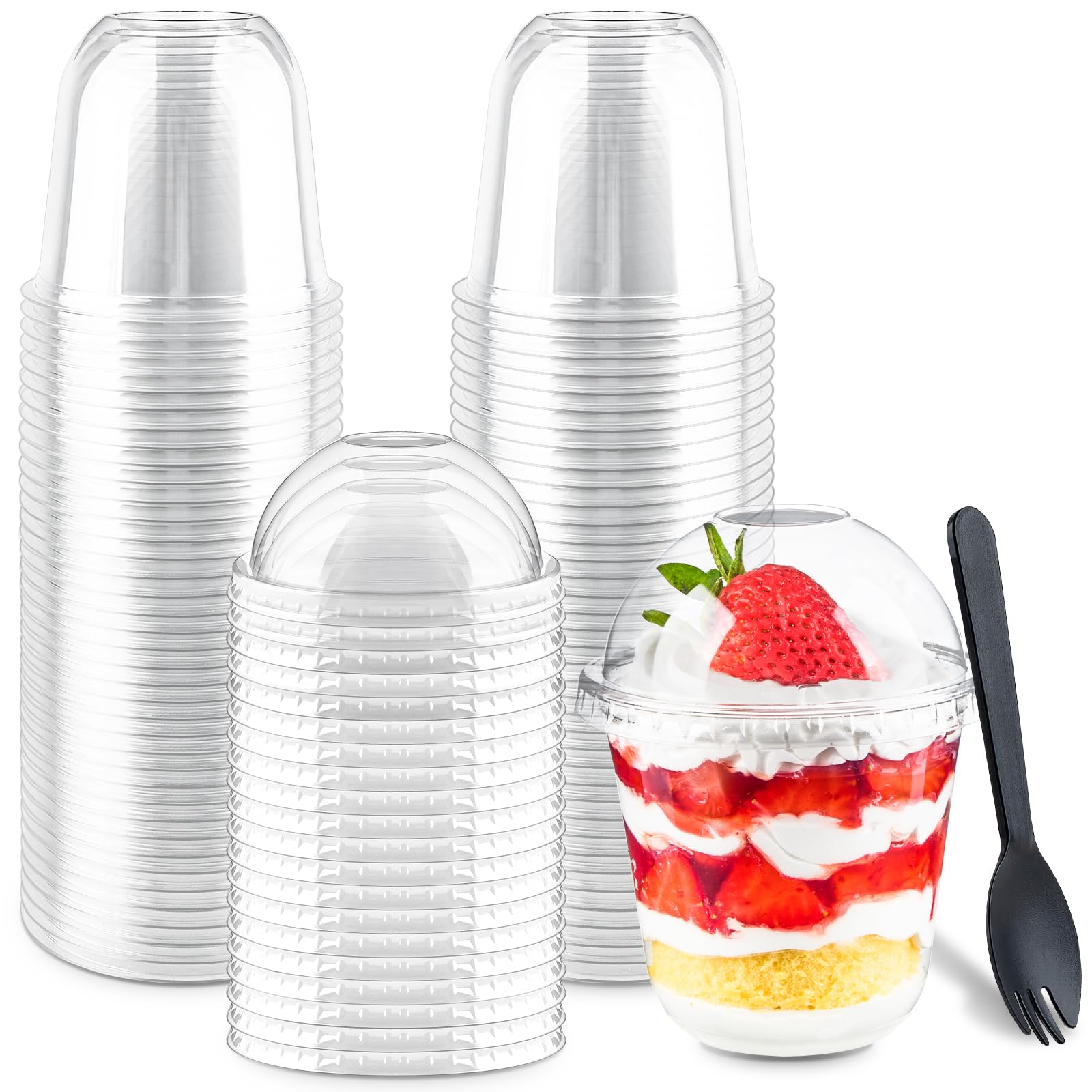 Zezzxu 50 Pack 10 oz Plastic Dessert Cups with Dome Lids (No Hole) and Sporks, Clear Disposable Fruit Cups with Lids for Yogurt Parfait Ice Creams