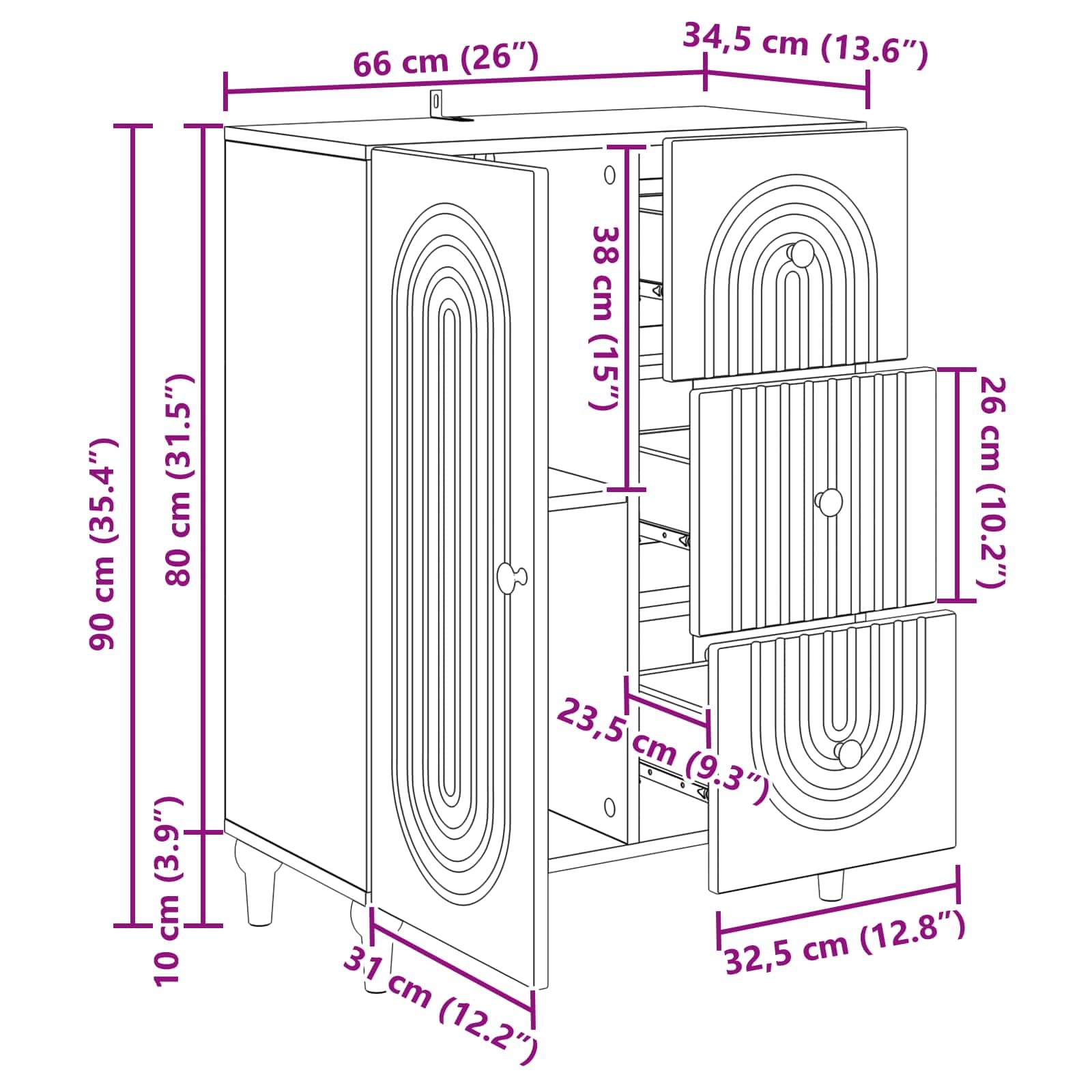 Credenza nera, 66 x 34,5 x 90 cm, in legno con 3 cassetti e porta basculante a 90°, comò versatile per soggiorno, sala da pranzo, corridoio, ufficio