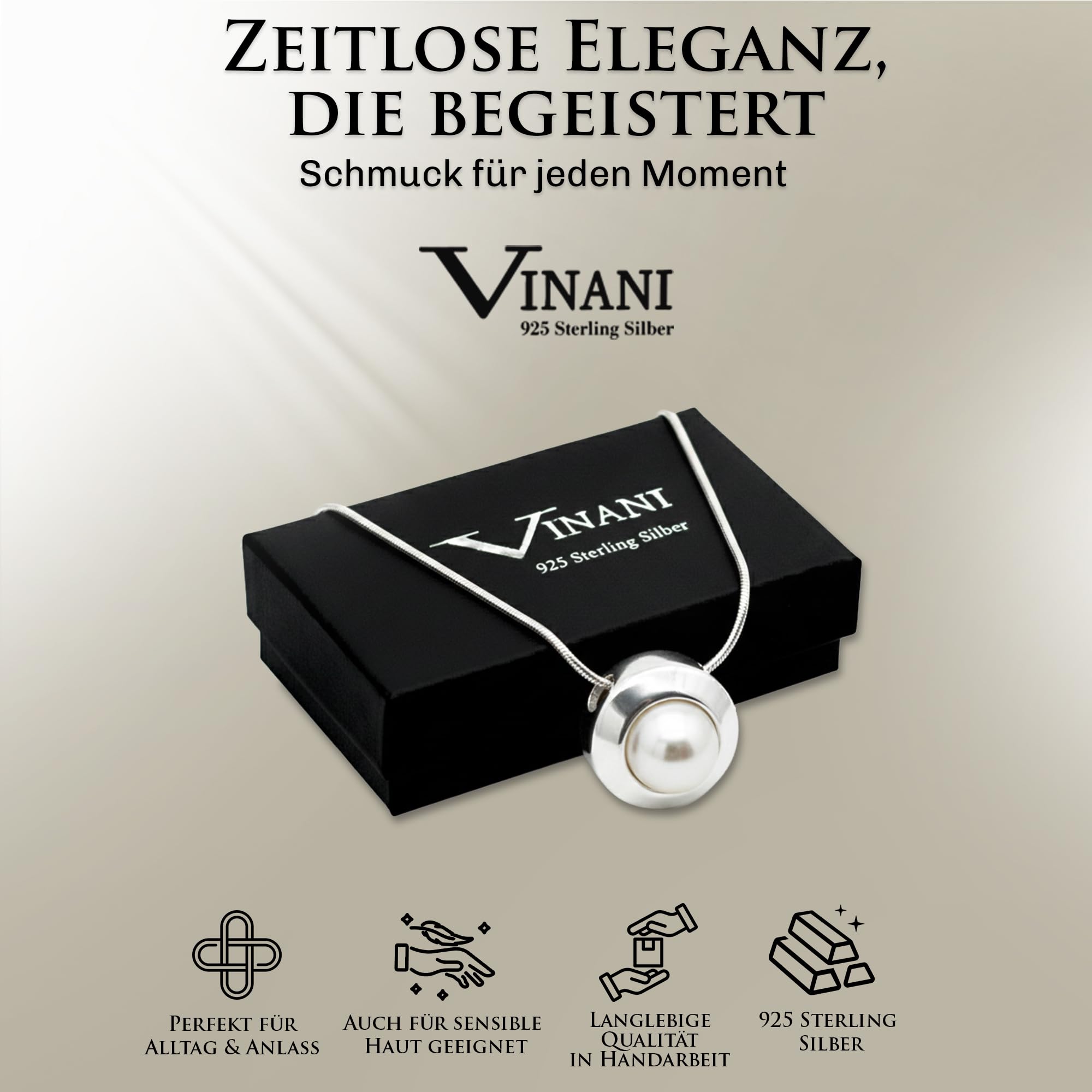 Vinani Damen Halskette & Anhänger aus 925 Sterling Silber – Schlangenkette mit Perlen-Anhänger im Knopf-Design, glänzend, Silberschmuck für Frauen, Halsschmuck, Silberkette, APS-S