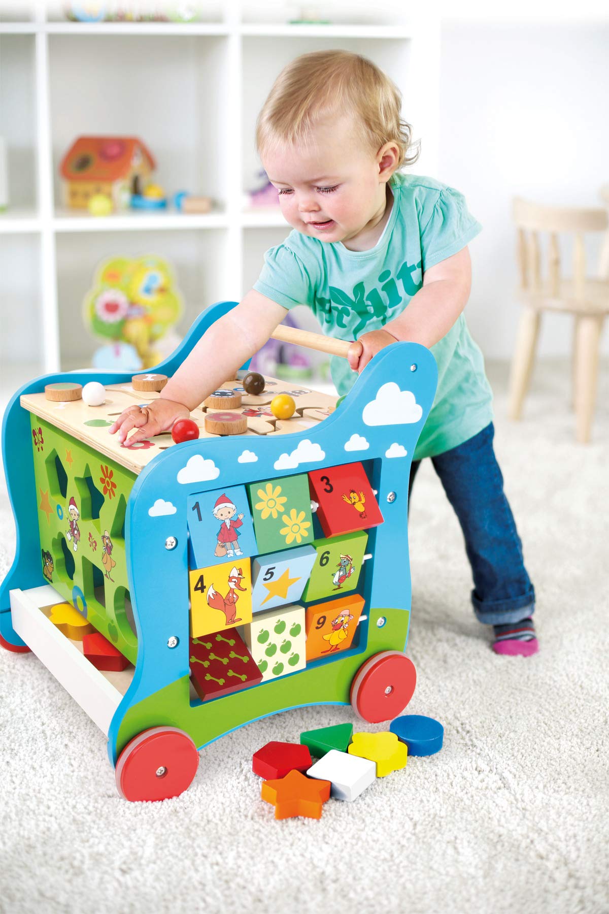 5848 Carrello Primi Passi «Omino del Sonno» small foot in legno, 5 lati di puro divertimento, per promuovere le capacità motorie, da 1 anno