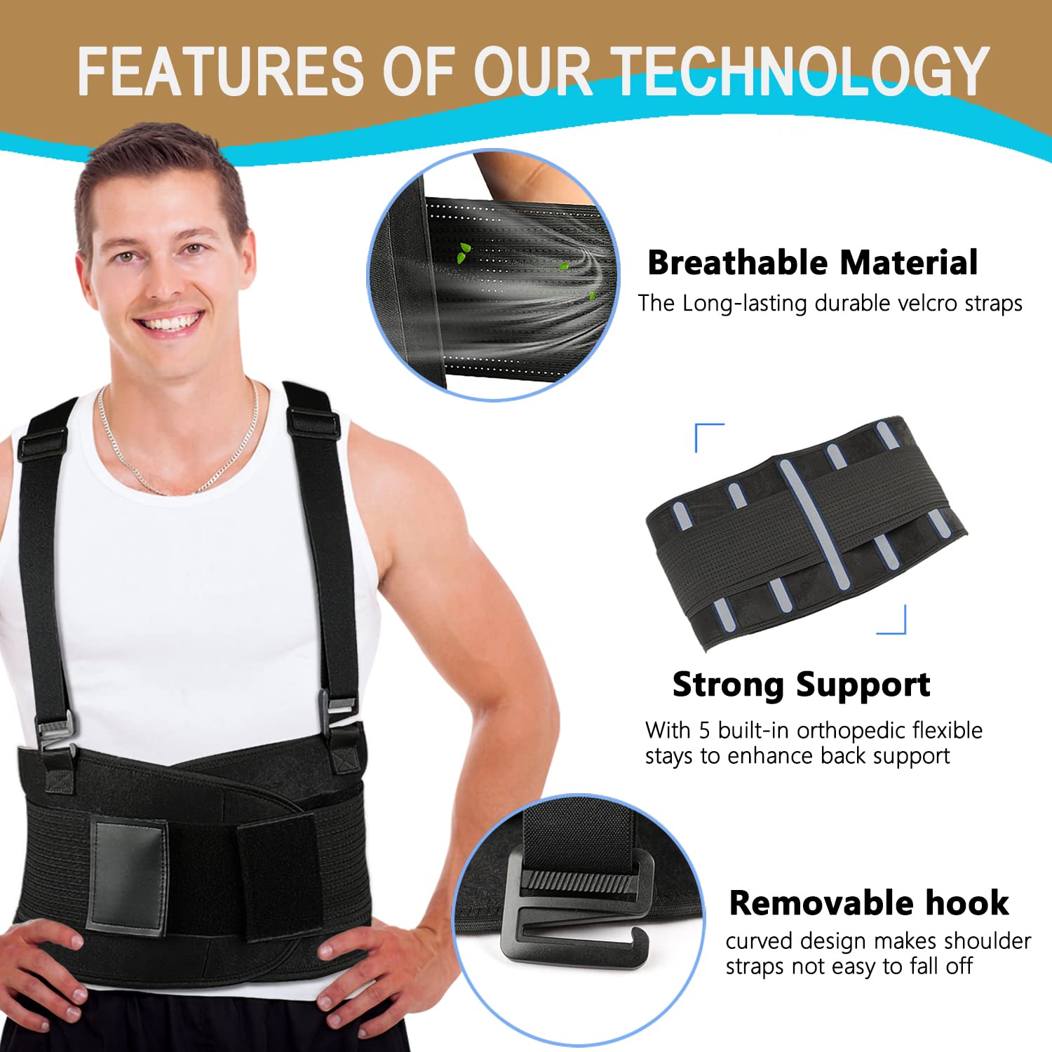 Soporte de espalda con tirantes extraíbles, cinturón de protección seguro para el dolor de espalda baja para actividades industriales para hombres y mujeres en movimiento, construcción, trabajos