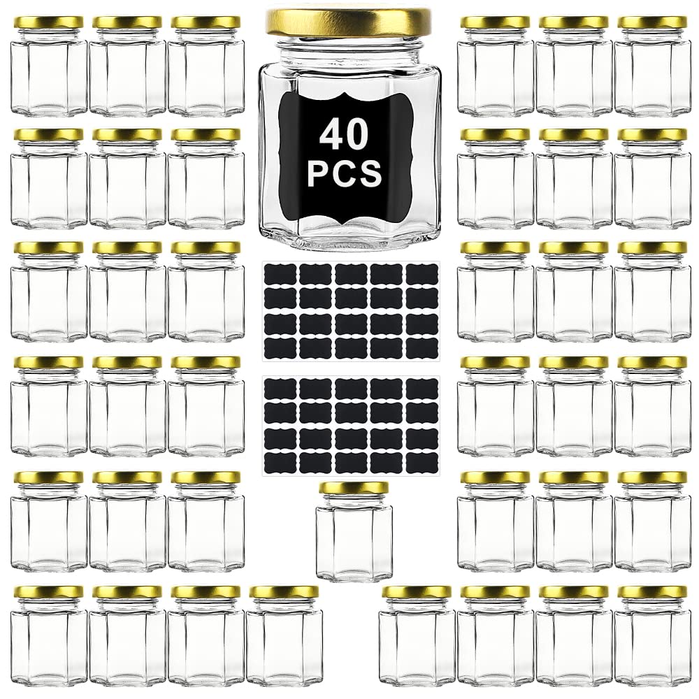Ritayedet 40 Pack Mini Glass Honey Jars for Wedding Favor, 3 oz Glass Favor Jars with Gold Lid, Small Glass Jars with Airtight Lid for Spice, Candy, Jam, Bonus Lids and Labels
