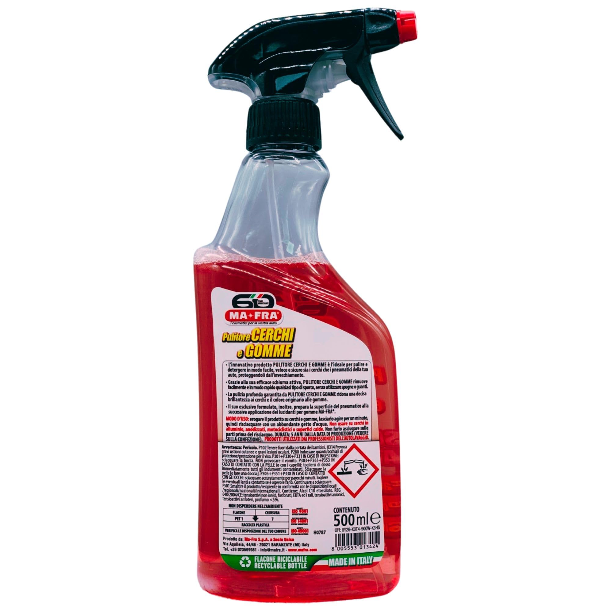 SET PULITORE CERCHI E GOMME Con Schiuma Attiva. Deterge e Sgrassa Gli Pneumatici Delle Auto: Tanica 4500ml + Trigger 500ml + Confezione Da 5 Panni In Microfibra, Formato 30x35cm