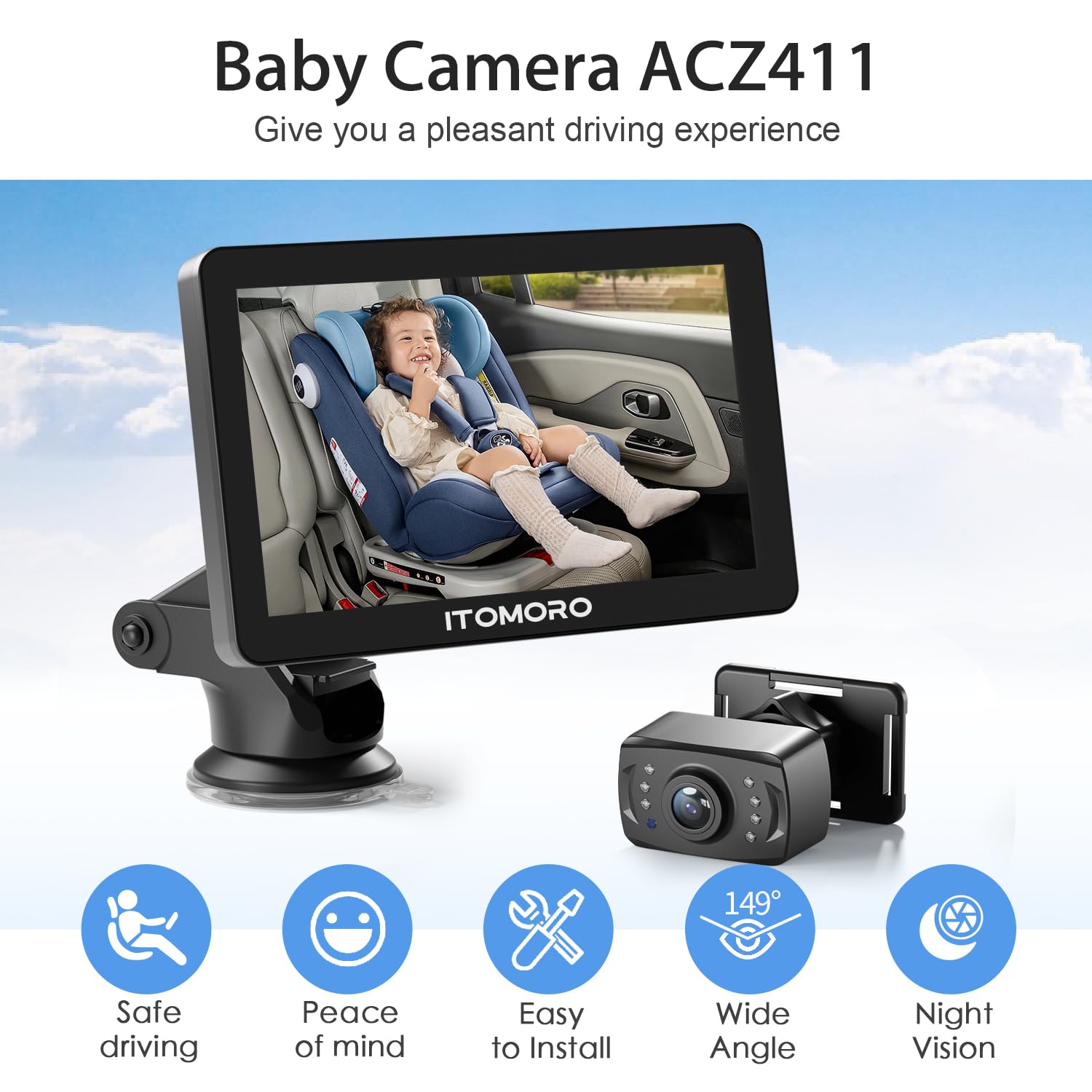 Itomoro Baby Car Camera, 7'' HD 1080P Car Camera for Baby Display, Infrared Night Vision Function Car Baby Camera with 150° Wide View & 360° Rotatable Easy Installation in 5 Mins Baby Monitor