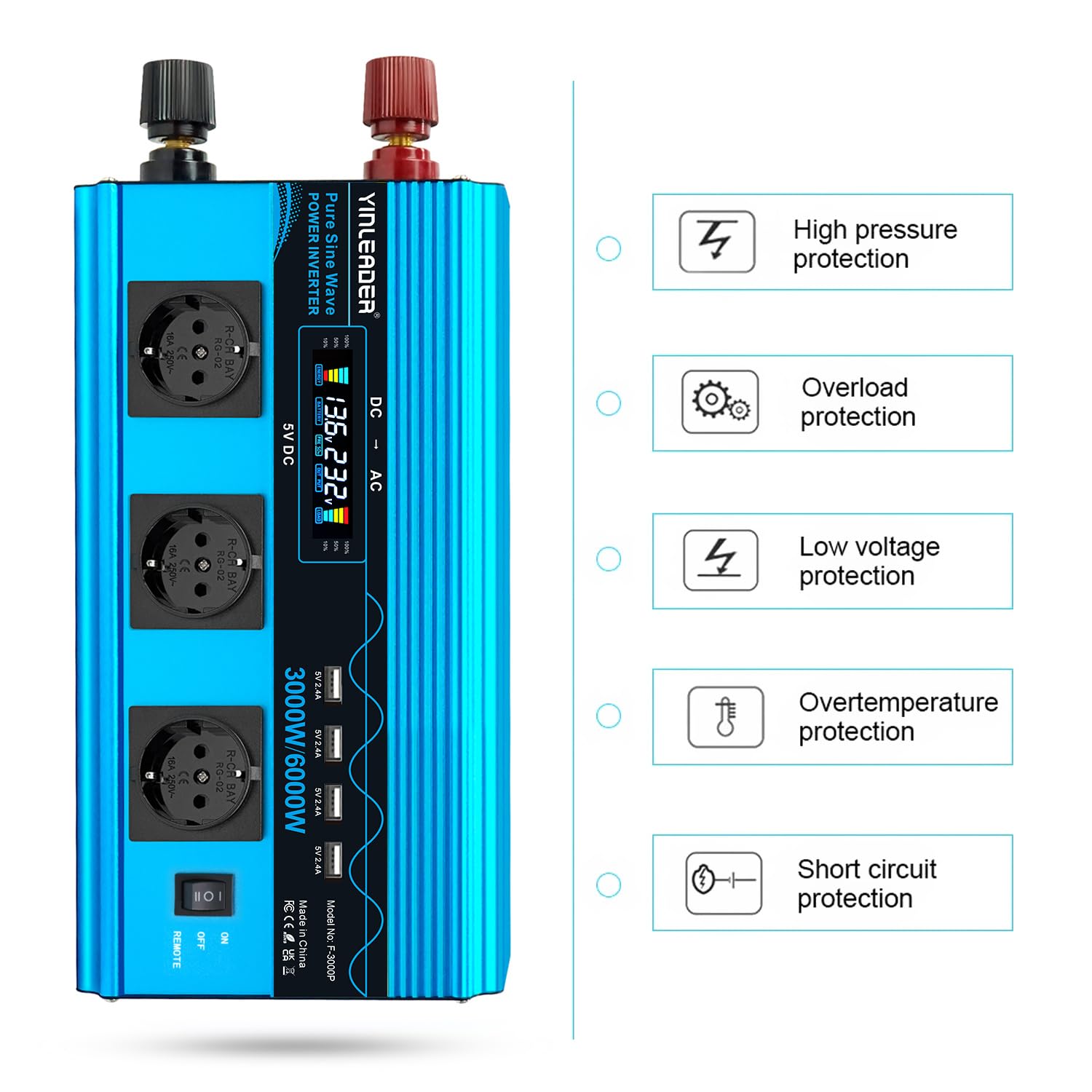 Yinleader Convertisseur 12v 220v Pur Sinus 3000W/6000W Onduleur Pur Sinus 3 européennes sockets et 4 Ports USB LCD Affichage de la Tension (avec télécommande)