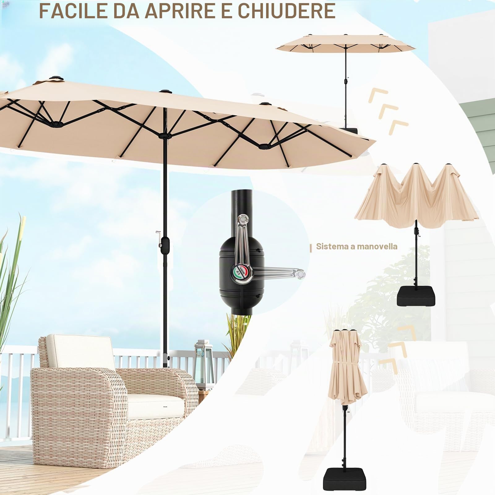 KOMFOTTEU Ombrellone da Giardino Doppio 396x201cm, Ombrellone Rettangolare con Manovella e Base, Ombrellone da Balcone Grande Impermeabile, Ombrellone da Patio per Piscina, Terrazzo, Cortile