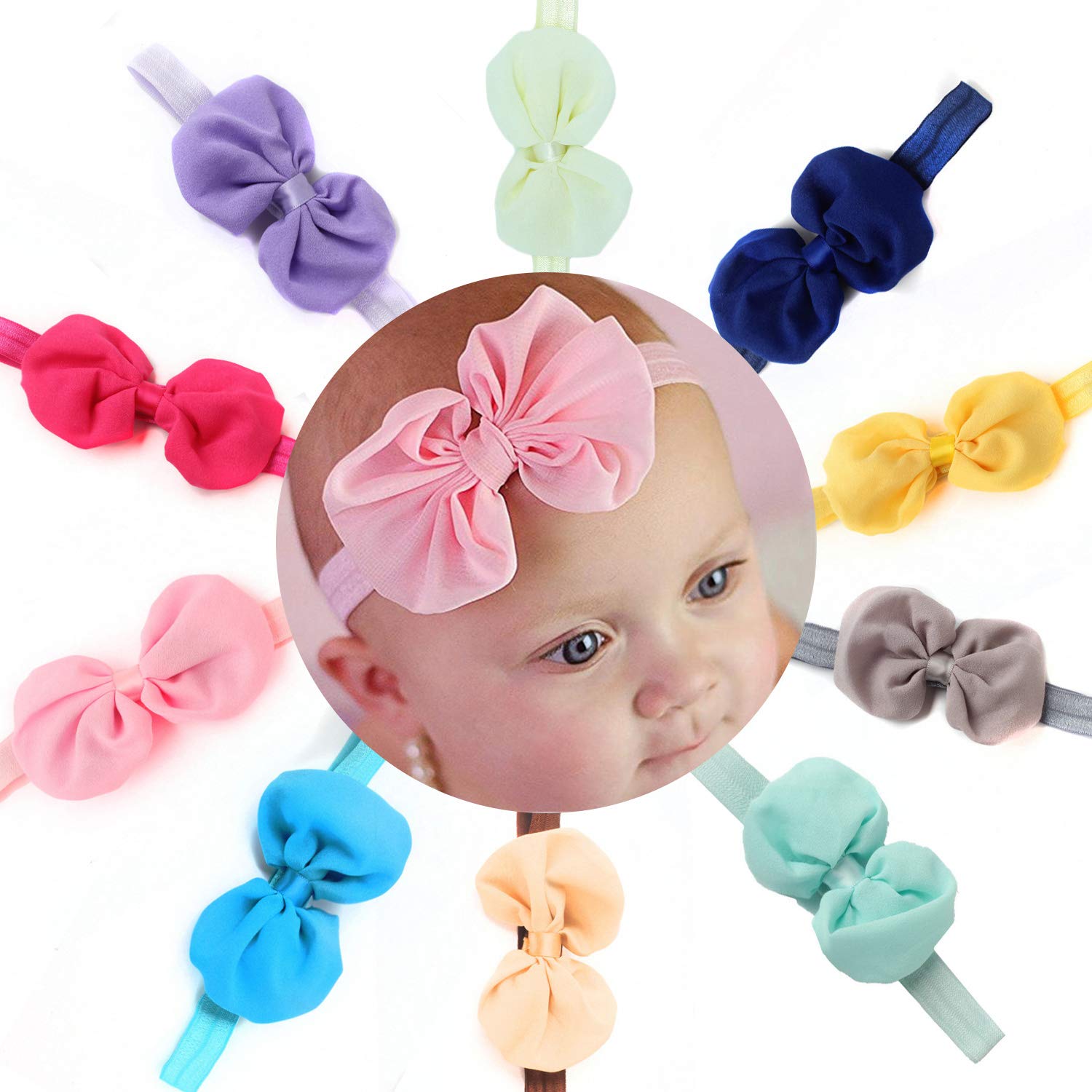 EVBEA10 Packs Baby Headbands Bows Flower Lace Band Hair Accessories Baby Girl Nylon Turban Headwraps Infant Beanie Soft Cap