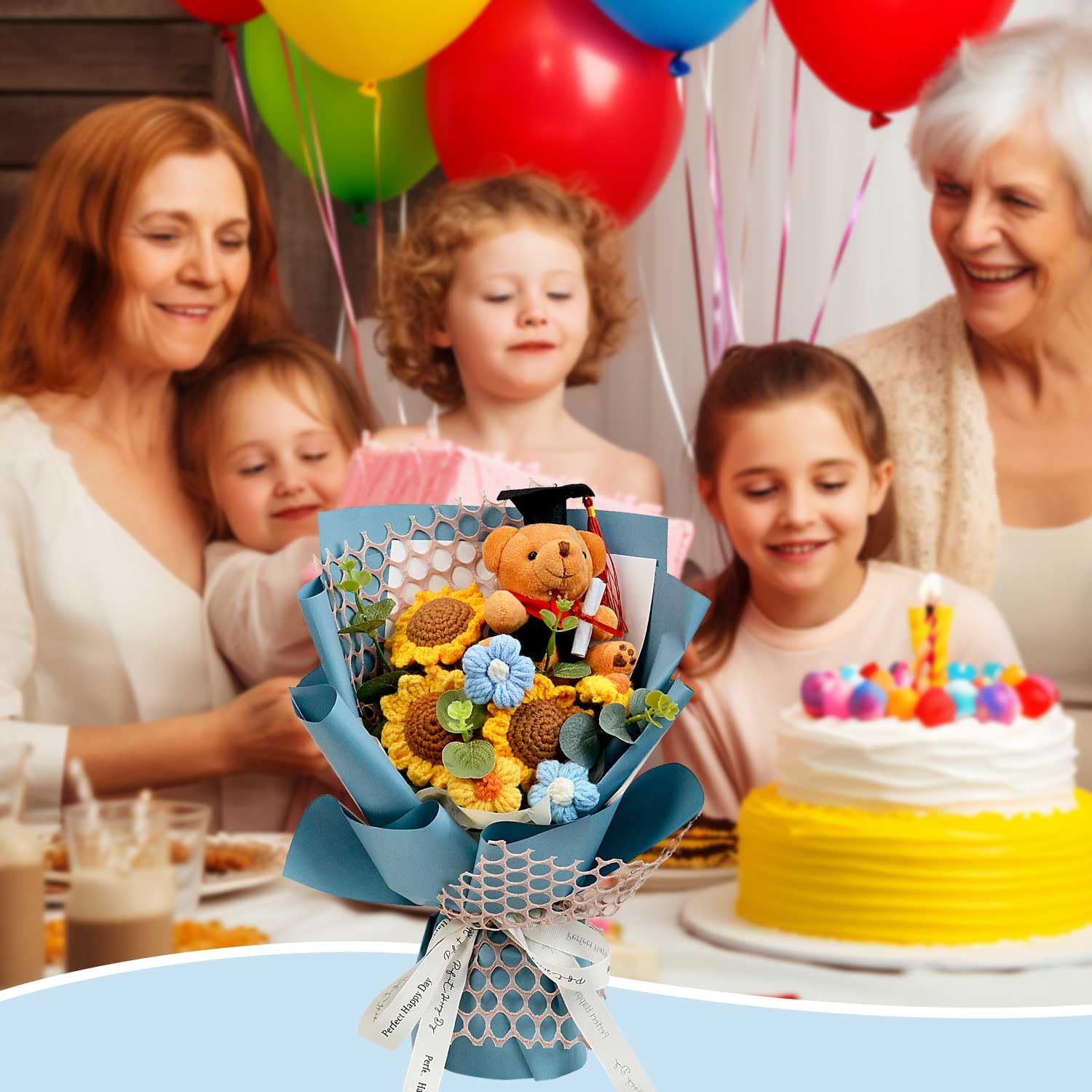 Graduation Gifts Crochet Flowers Bouquet, Handmade Sunflower Rose Bear Graduations Flower Bouquet for Birthday, Teacher Appreciation Gifts, Christmas, Home Décor (Include Card) Blue