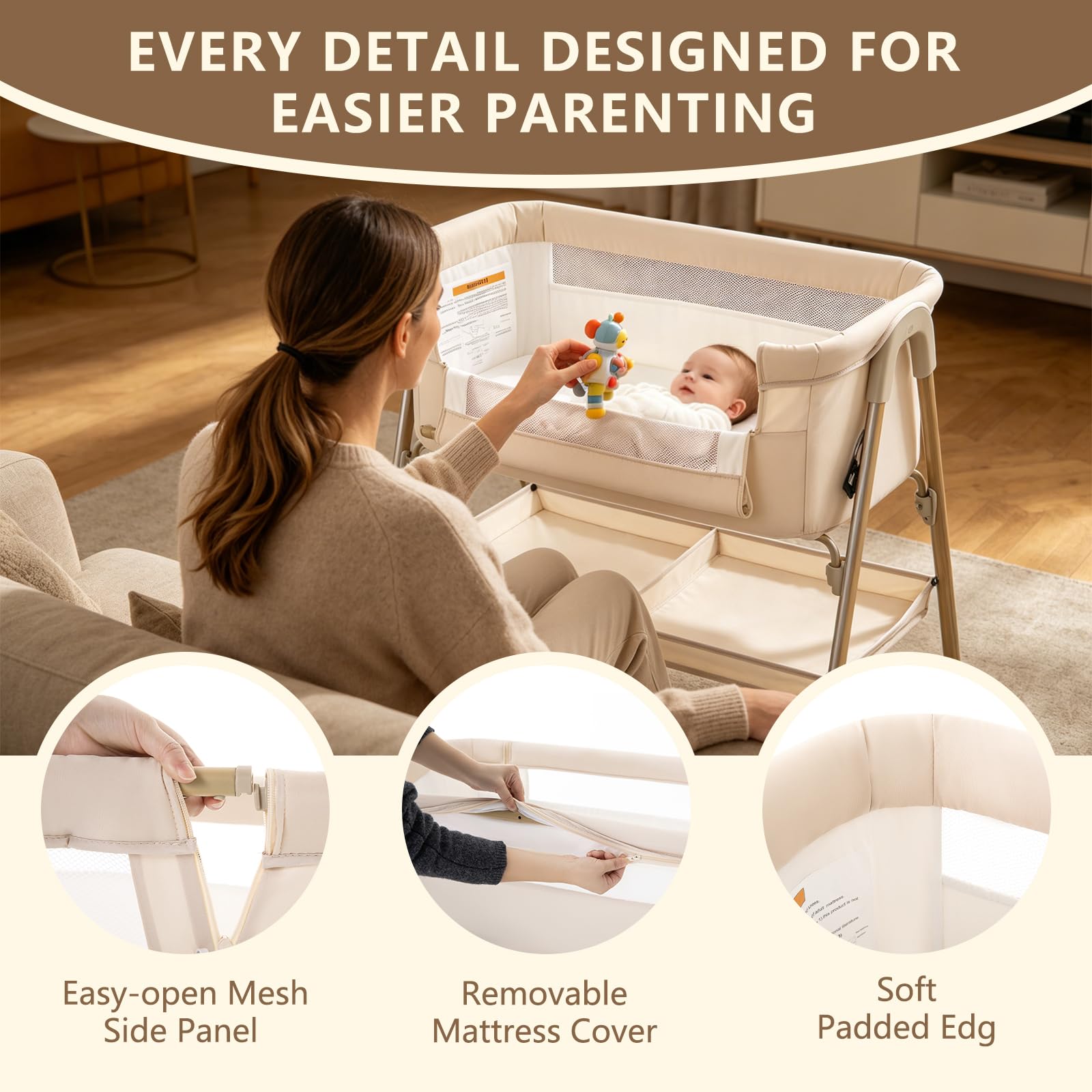 Zkiprm Culla Co-sleeping, Culla da affiancare pieghevole, Facile da montare, con Lettino rimovibile, Zanzariera, 4 Ruote bloccabili | Buona Circolazione dell'Aria | Peso max: 9 kg | 0–6 mesi（Beige）