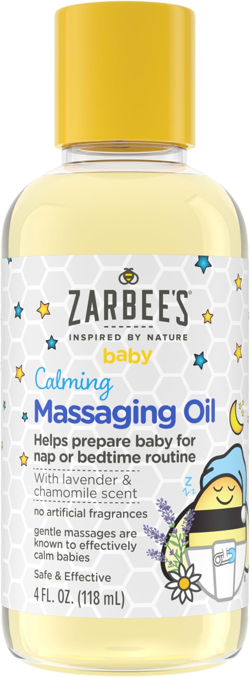 Zarbee's Baby Massage Oil, Calming and Soothing with Lavender and Chamomile to Help Sleep, 4oz Bottle
