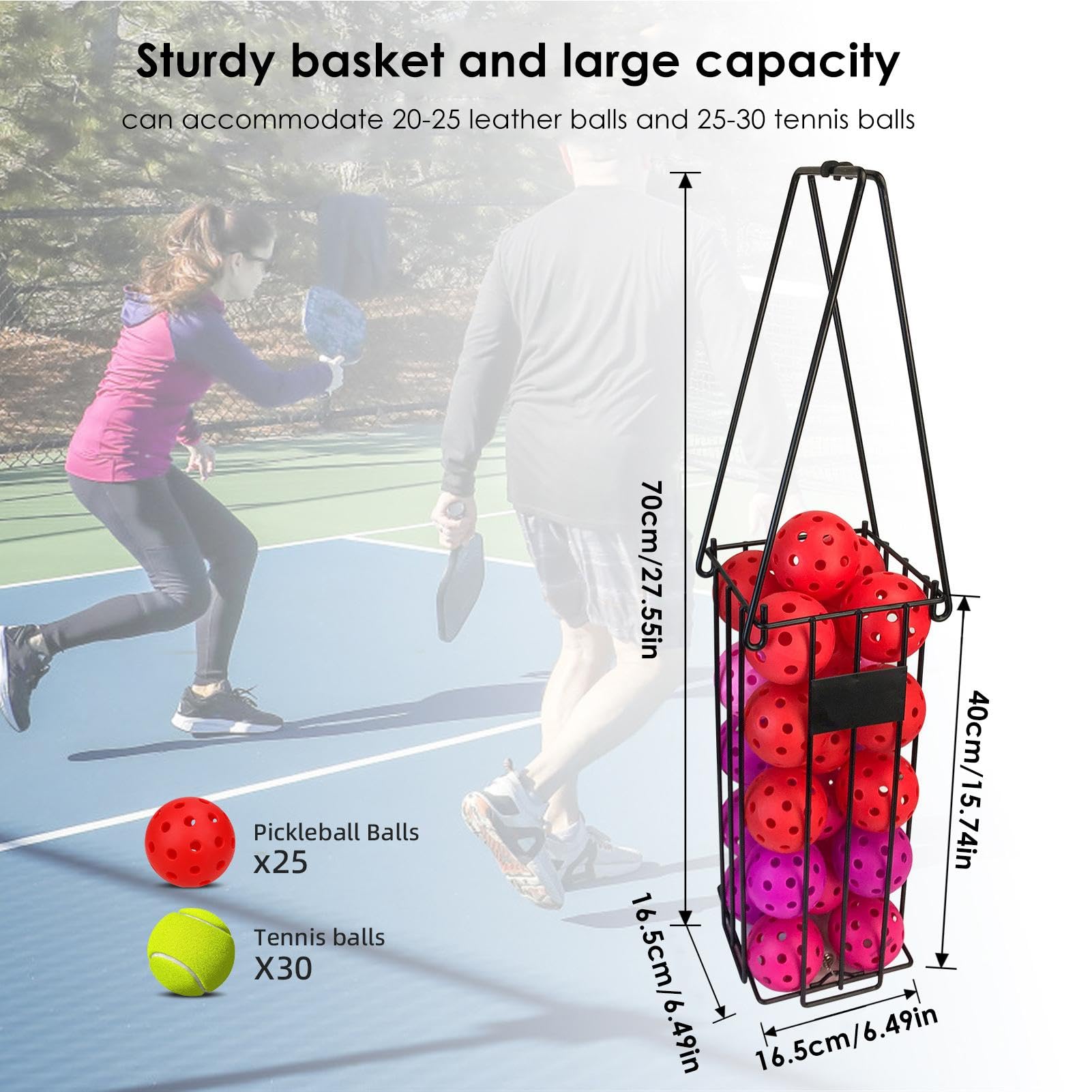 Colector de pelotas de pickleball ajustable con asa, cesta ligera para entrenamiento