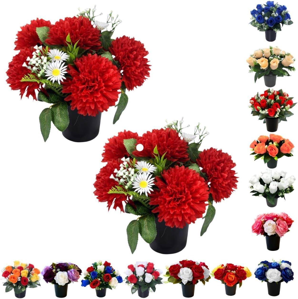 Homesecret Pack 2 Artificial Flowers for Graves 25cm | 12 Head Chrysanthemum Red Daisies Grave Flower Pots | Perfect for Enhancing Memorial & Cemetery Decor |