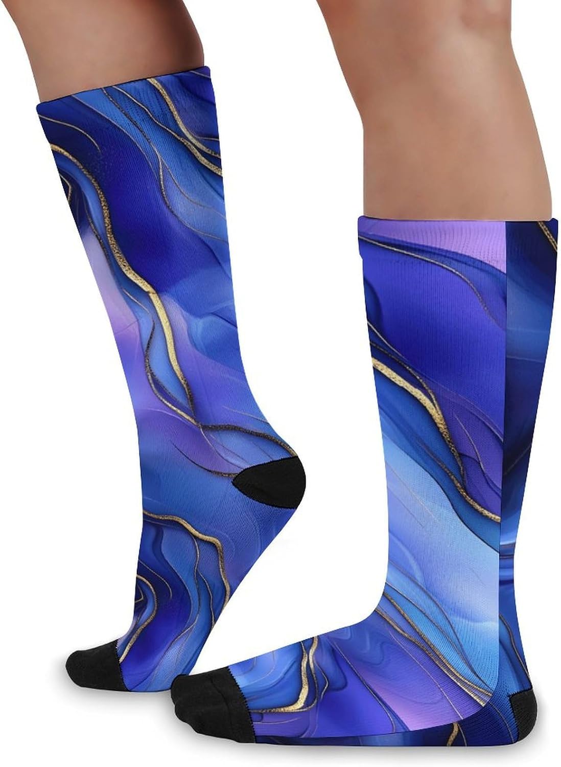Blue Purple Jade Texture Gold Stripes Knee High Socks Athletic Long Stockings Sport Casual Crew Tube Sock Boot 46cm