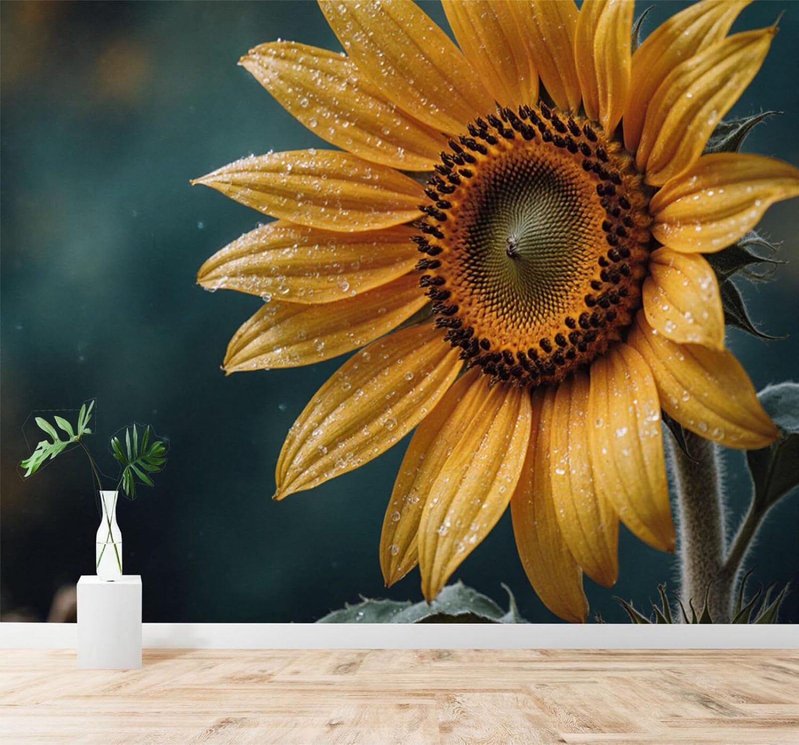 XLMING Minimalist Three Dimensional Sunflowers Dewdrops Green Background 3D Wallpaper Silky Texture Home Study Office Grey Dining Room Sofa Bedroom Living Room TV Backdrop-300cm×210cm