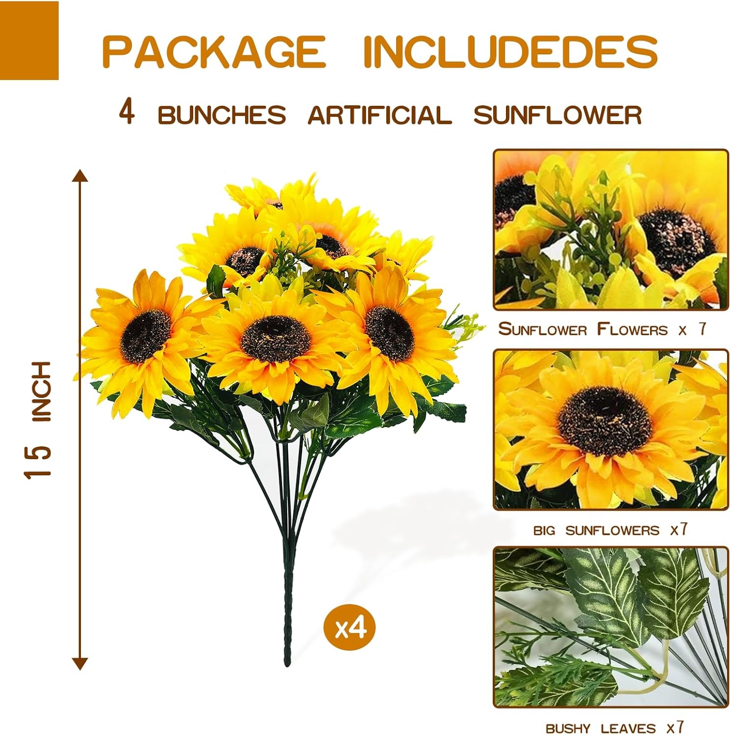 TURNMEON 28Pcs Sunflowers Artificial Flowers for Outdoors Spring Decor, 4 Pack Fake Flowers Silk Faux Sunflower Bouquet Arrangement for Vase Wedding Table Home Grave Cemetery Flowers Summer Decor - Image 3