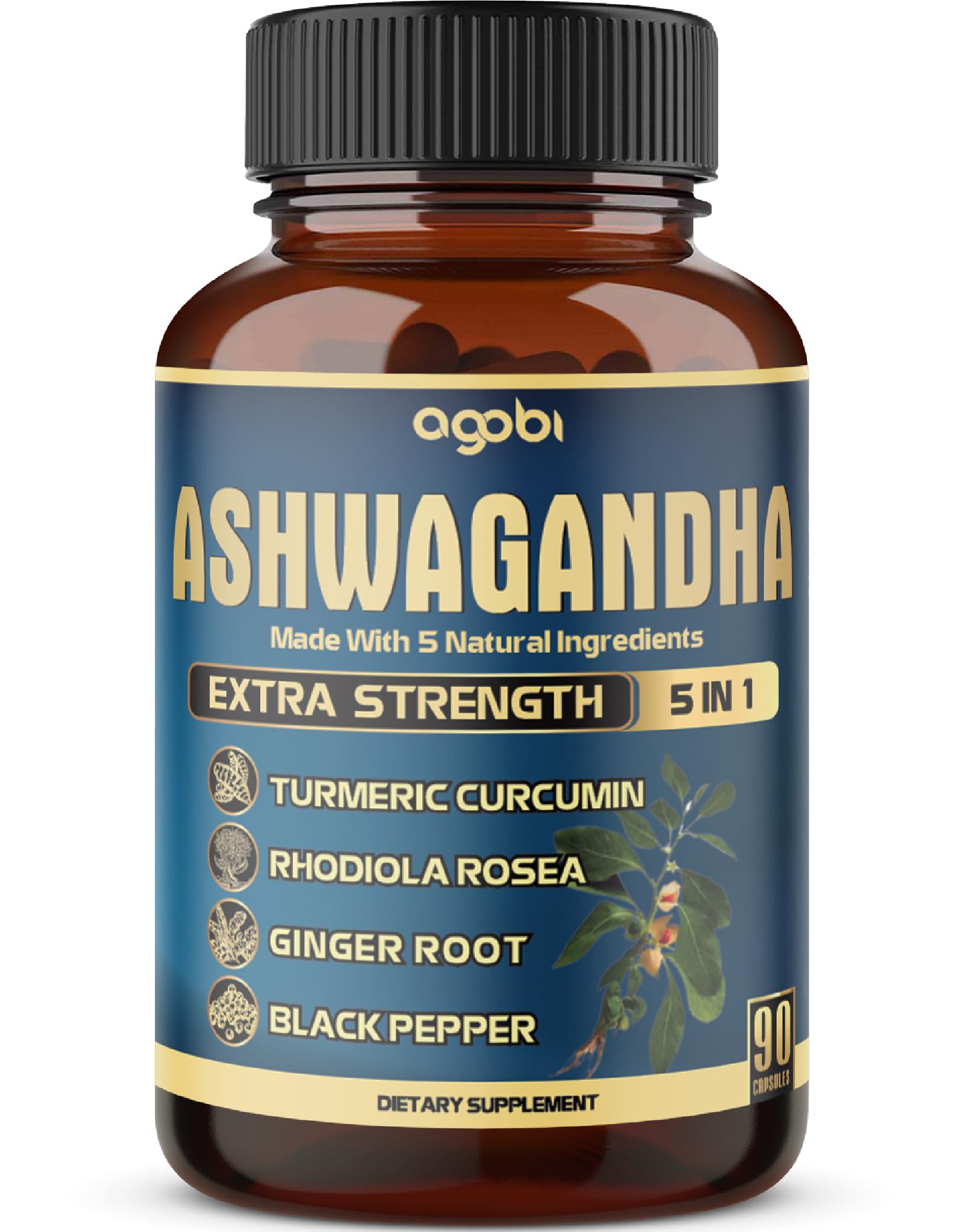 Ashwagandha Extract Capsule - Great Strength - 5in1 Blended Ginger, Turmeric, Rhodiola Rosea & Black Pepper - 90 Capsules for 3 Months