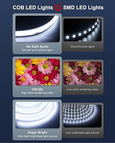 Miniatura 3 de ALITOVE Tira de luz LED COB de 32.8 pies, color blanco, 6500 K, súper brillante, 24 V, tira de luces LED con control remoto, regulable, 3200 LED,